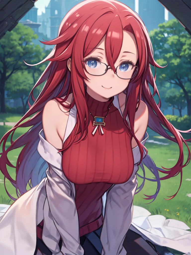 masterpiece、highest quality、High resolution、Very detailed、Close-up、Medium wide shot、Mature Woman、(aty, long hair, blue eyes, red hair、Hair between the eyes)、 Red turtleneck sweater、Glasses、Big Breasts、Smiling、Leaning forward、Leaning body、grassland、Fantasy、Peering into the audience、