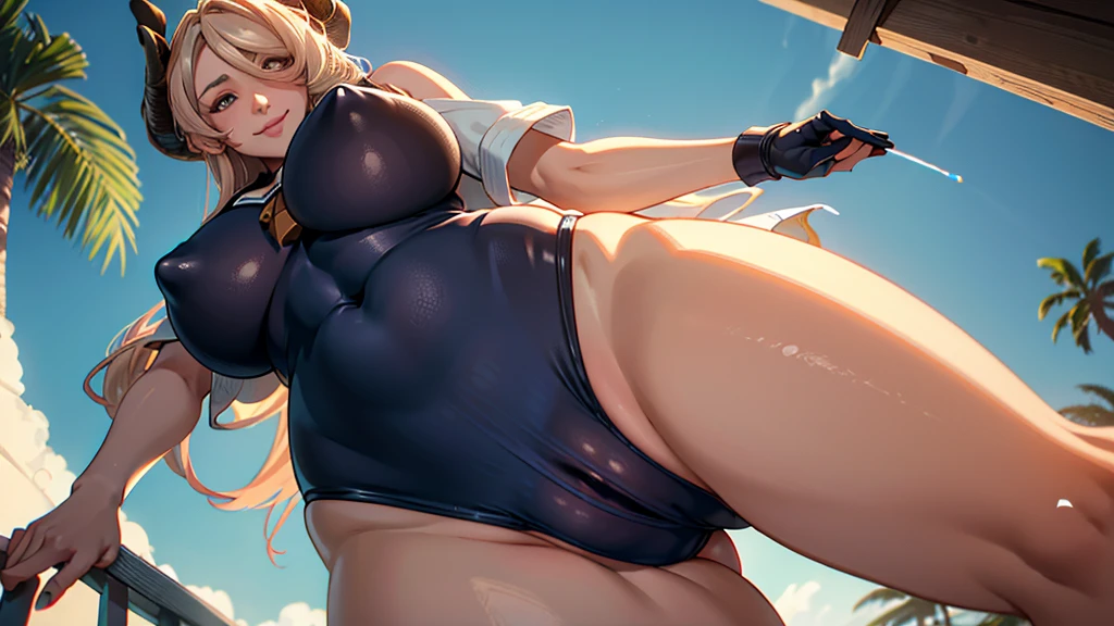 1 girl,high school girl,High Cut,(((Pointed Chest,smile,Navy blue school swimsuit,Cowboy Shot ,cameltoe))),((From below:1.3)),((highest quality, wonderful,8k, masterpiece :1.3)), (Realistic, photoRealistic:1.4),(very fine and beautiful skin),Brown Skin,Very detailed,Cinema Lighting, Detailed light, Best Shadow, Dynamic Angle,Super big ,Voluptuous thighs,Poolside