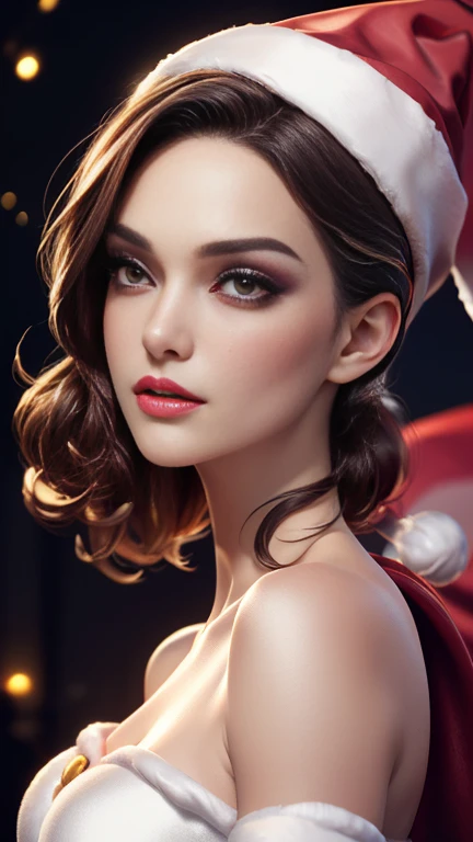 photo of celebrity, RAW, beautiful woman, ((portrait)), ((detailed face, colorful rainbow hair:1.2)), ((detailed facial feature, detailed skin, clear skin, parted lips), (perfect proportioned body, medium breasts), ((wearing glossy lips, makeup, long white satin elbow gloves, (santa), red santa dress, santa hat, strapless dress: 1.5)), (high detailed dark forest: 1.3), (realistic photo, best quality, detailed), (8k wallpaper), (cinematic lighting, dramatic lighting) (sharp focus, intricate)