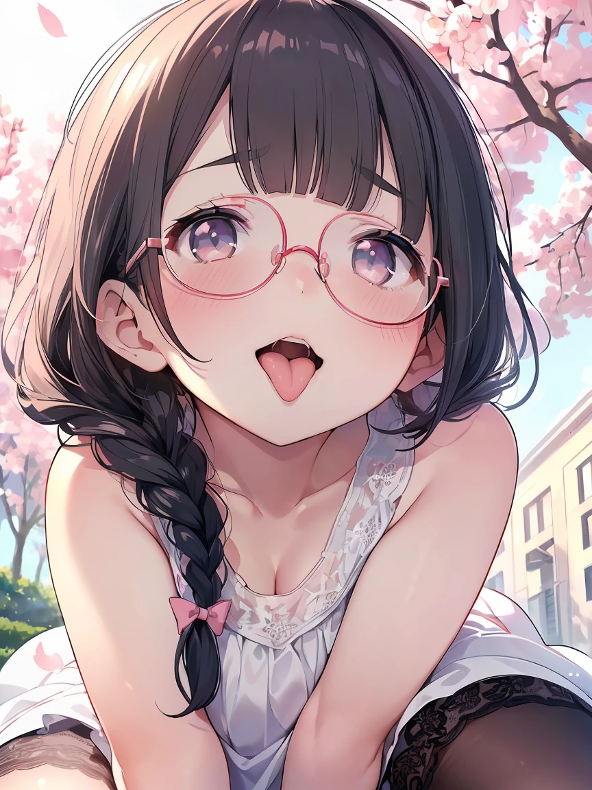 Very detailed, highest quality, High resolution, Moe Anime, ((A cute elementary school girl with black hair and droopy eyes)), ((Wearing large round glasses:1.4)), (Baby Face), Cute eyes, Detailed eye depiction, Sparkle in the eyes, View your viewers, Pale skin, (Big eyes:1.4, Droopy eyes:1.4, Fatty face:1.4), smile, Focus on the face, In the park with cherry blossoms falling, Sitting, (Extreme close up of tongue), (((From below))), Open your mouth, (((Face only:1.3))), ((white lace sleeveless dress)), Bright Eyes, Light from the front, (Put your hands between your legs:1.4), large and long tongue, Cleavage, Braided hairstyle, Pink ribbon
