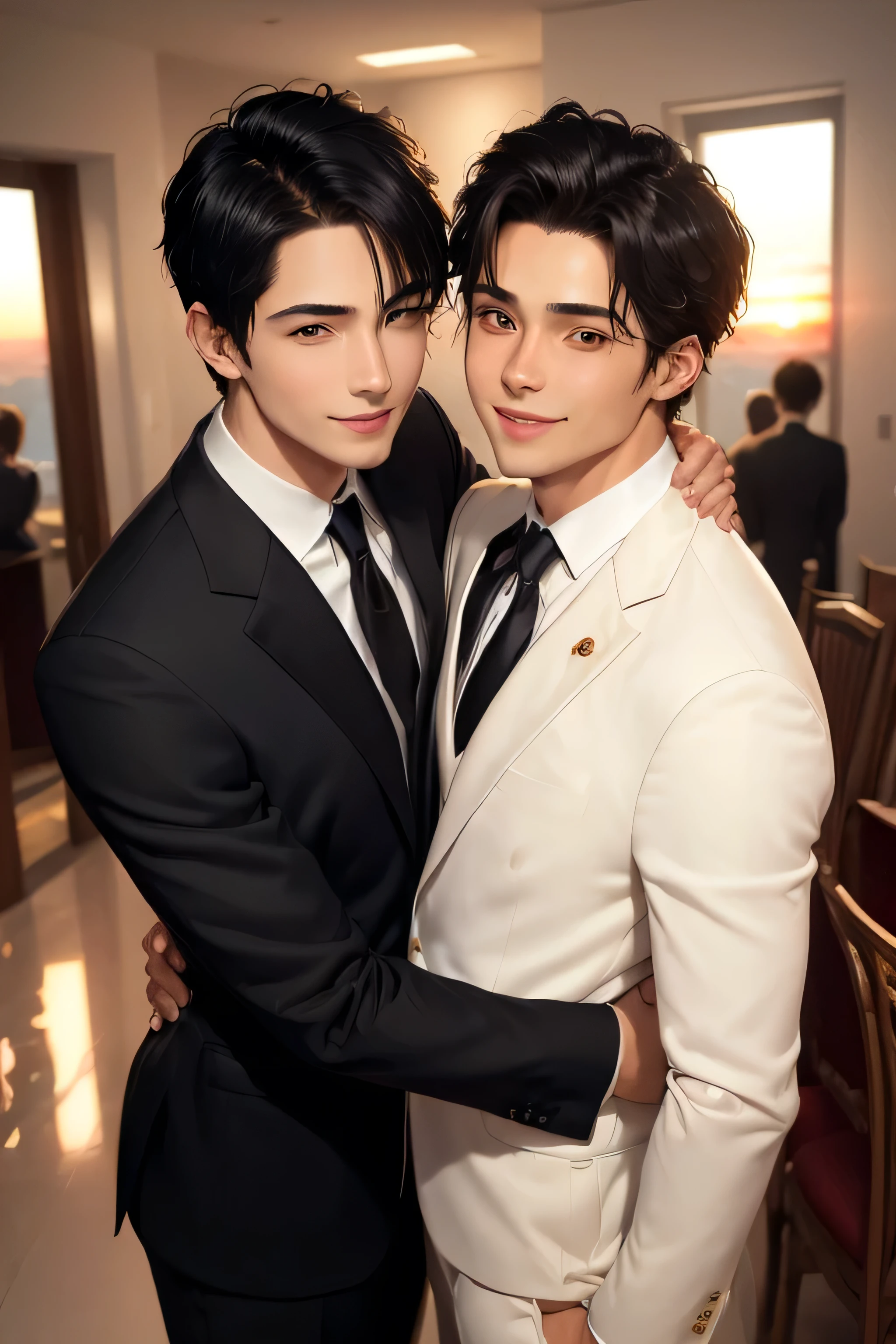 masterpiece, best quality, realistic. 2 man love each other. 1st man (male focus, mature, 1 tall muscular, handsome, smile, suit, portrait, extremely detailed face, (black hair), (short hair), (suit:1.3). 2nd man (male focus, cute, lovely, not tall, skinny, beautiful young boy, smile, potrait, extremely detailed face, short hair, (suit:1.3)). Sunset sky, dusk, hug obsessively