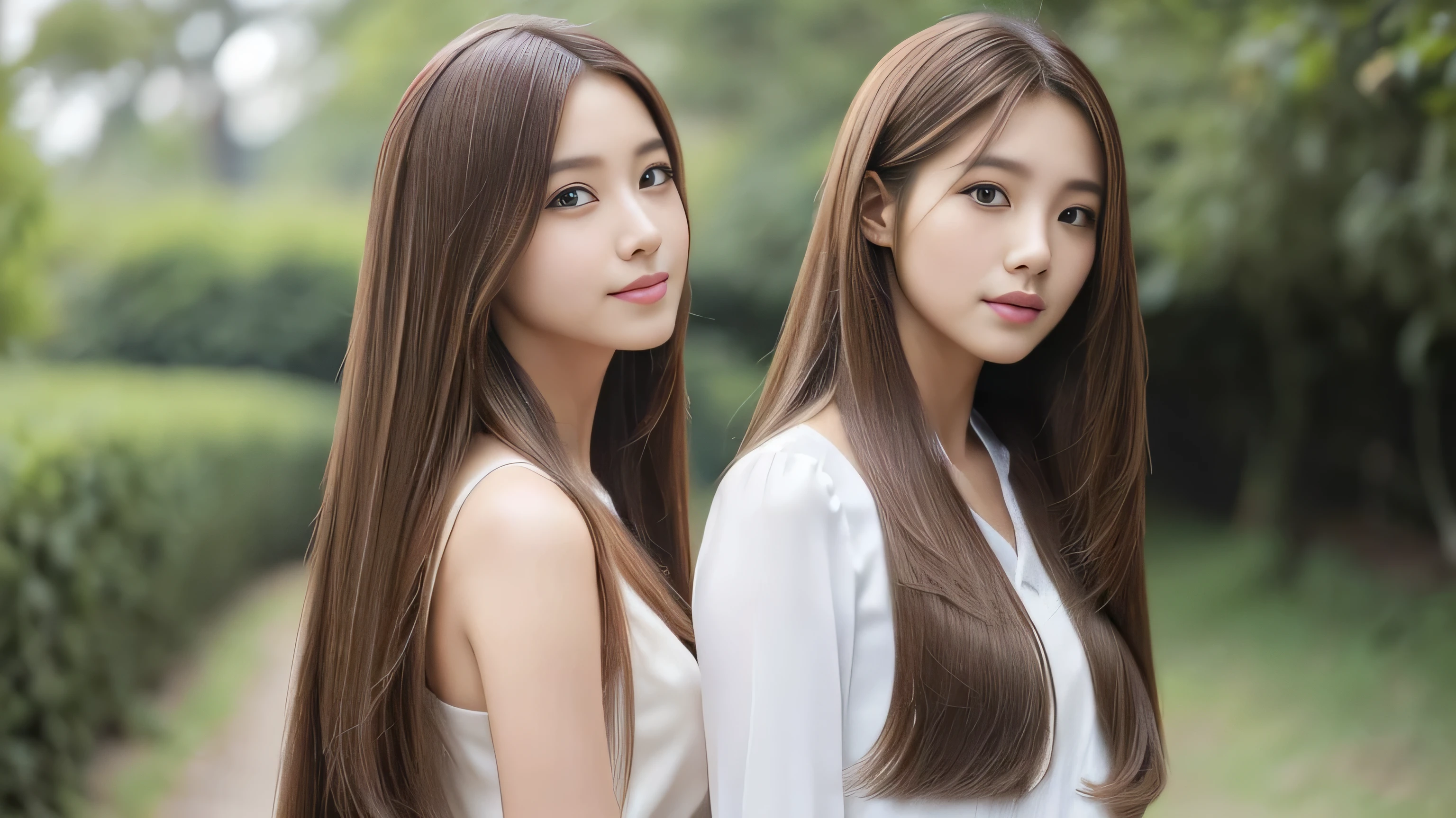 (((Identical twins standing happily facing each other A photo of them standing from the front))) (3women with length brown hair posing for a picture, thin and shiny hair, Ulzzang, long and straight hair of brown color,, Brown long hair, beautifulgemini portrait, Brown long hair, beautifulgemini, length Hair, Smooth Hair, Flowing brown hair, With the same hairstyle, length, Flat Hair, length brown hair, Attractive long hair, Beautiful brown hair Two women with long brown hair posing for a photograph, Digital Art inspired by Wang Duo, tumbler, Digital Art, thin and shiny hair, Ulzzang, long and straight hair of brown color,, Brown long hair, beautifulgemini portrait, Brown long hair, beautifulgemini, length Hair, Smooth Hair, Flowing brown hair, With the same hairstyle, length, Flat Hair) ((both sides Random poses showing as much back and hair as possible:1.8)) ((Both sides Beautiful 24 year old hair model with long black hair, girl with super Very long hair that reaches down to the ankles, extremely Very long hair that reaches down to the ankles, Very long hair that reaches down to the ankles,Very long hair that reaches down to the ankles , Flowing Hair, very Very long hair that reaches down to the ankles, Very long hair that reaches down to the anklesgirl,Very long hair that reaches down to the ankles , flowing light brown hair, length Hair windy, Very long light brown hair, flowing light brown hair,Incredibly straight long-lasting hair, Abnormally long髪!!!! Her highest quality!!!! hair is long and straight., very long light brown hair that reaches down to the ankles, highest quality light brown hair , , Highest quality long straightなVery long hair that reaches down to the ankles straight, beautiful, High quality hair, Very long hair that reaches down to the ankles and highest quality straight light brown hair, straight, highest quality light brown hair, Perfect silky straight hair of the highest quality, straight, highest quality light brown hair , lengthLight brown hair straight hair, length, Thick and voluminous light brown hair Her hair is long and straight, Very long light brown hair, Abnormally long、or very long light brown hair, very long, straight, Light brown hair that reaches down to her ankles, Abnormally very long straight, beautiful hair of the highest quality, length Hair, length, straight light brown hair ,Extraordinarily very long light brown hair that lasts forever and free straight light brown hair , straight light brown hair)) (Both sides bangs are perfect.:1.3) (Japan's most sexy and beautiful 24-year-old beauty model) (Both sides They look at the viewer with a very captivating expression...) ((highest quality)), ((masterpiece)), (Familiar) (Get used to it) Perfect Face (both sidesHer skin is a typical Japanese skin color. And very detailed) (Both SidesBig Tits:1.3) (both sides She is wearing a beautiful shiny white camisole.) (both sides She has a beautiful face and a typical Japanese figure...., Narrow eyes) (both sides She has perfect beautiful and sexy makeup and face Lipstick is light red A solid eyeliner) ((Rich 1.4)) (Very detailed)