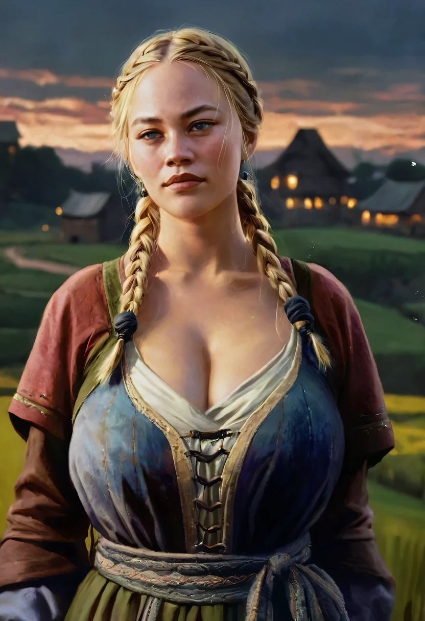 realistic painting of Guinwen, Guin as a medieval peasant, blonde hair, braids, slim waist, ((huge breasts)), fields in the background, shy, dark atmosphere, evening light, medieval lord in the background, dark colors