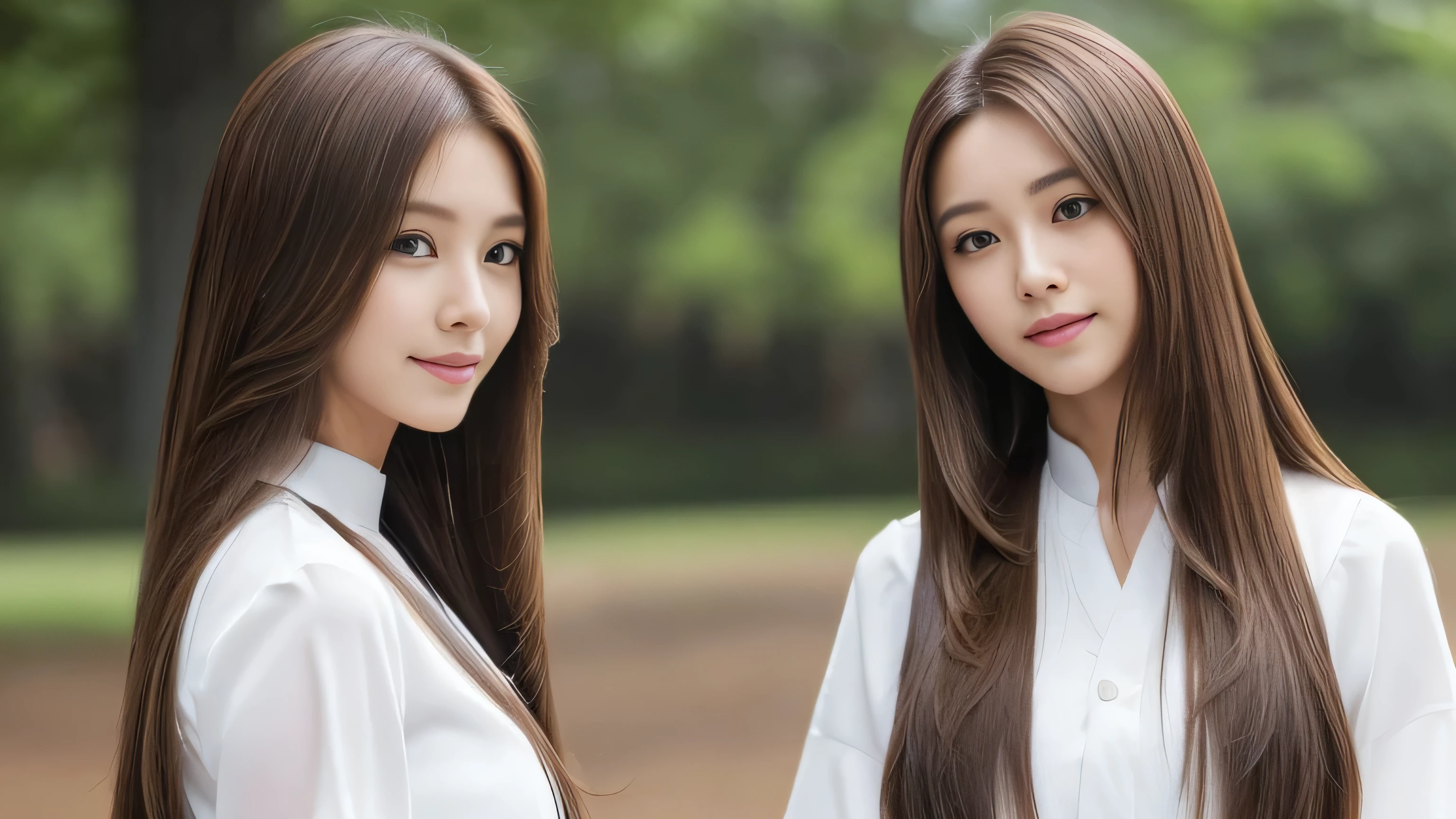 (((Identical twins standing happily facing each other　A photo of them standing from the front)))　(two women with length brown hair posing for a picture, thin and shiny hair, Ulzzang, long and straight hair of brown color,, Brown long hair, beautifulgemini portrait, Brown long hair, beautifulgemini, length Hair, Smooth Hair, Flowing brown hair, With the same hairstyle, length, Flat Hair, length brown hair, Attractive long hair, Beautiful brown hair　Two women with long brown hair posing for a photograph, Digital Art inspired by Wang Duo, tumbler, Digital Art, thin and shiny hair, Ulzzang, long and straight hair of brown color,, Brown long hair, beautifulgemini portrait, Brown long hair, beautifulgemini, length Hair, Smooth Hair, Flowing brown hair, With the same hairstyle, length, Flat Hair)　((both sides Random poses showing as much back and hair as possible:1.8))　((Both sides Beautiful 24 year old hair model with long black hair, girl with super Very long hair that reaches down to the ankles, extremely Very long hair that reaches down to the ankles, Very long hair that reaches down to the ankles,Very long hair that reaches down to the ankles , Flowing Hair, very Very long hair that reaches down to the ankles, Very long hair that reaches down to the anklesgirl,Very long hair that reaches down to the ankles , flowing light brown hair, length Hair windy, Very long light brown hair, flowing light brown hair,Incredibly straight long-lasting hair, Abnormally long髪!!!!　Her highest quality!!!! hair is long and straight., very long light brown hair that reaches down to the ankles, highest quality light brown hair , , Highest quality long straightなVery long hair that reaches down to the ankles　straight, beautiful, High quality hair, Very long hair that reaches down to the ankles and highest quality straight light brown hair, straight, highest quality light brown hair, Perfect silky straight hair of the highest quality, straight, highest quality light brown hair , lengthLight brown hair straight hair, length, Thick and voluminous light brown hair　Her hair is long and straight, Very long light brown hair, Abnormally long、or very long light brown hair, very long, straight, Light brown hair that reaches down to her ankles, Abnormally very long straight, beautiful hair of the highest quality, length Hair, length, straight light brown hair ,Extraordinarily very long light brown hair that lasts forever and free straight light brown hair , straight light brown hair))　(Both sides bangs are perfect.:1.3)　(Japan&#39;s most sexy and beautiful 24-year-old beauty model)　(Both sides They look at the viewer with a very captivating expression...)　((highest quality)), ((masterpiece)), (Familiar)　(Get used to it)　Perfect Face　(both sidesHer skin is a typical Japanese skin color.　And very detailed)　(Both SidesBig Tits:1.3)　(both sides　She is wearing a beautiful shiny white camisole.)　(both sides　She has a beautiful face and a typical Japanese figure...., Narrow eyes)　(both sides　She has perfect beautiful and sexy makeup and face　Lipstick is light red　A solid eyeliner)　((Rich 1.4))　(Very detailed)