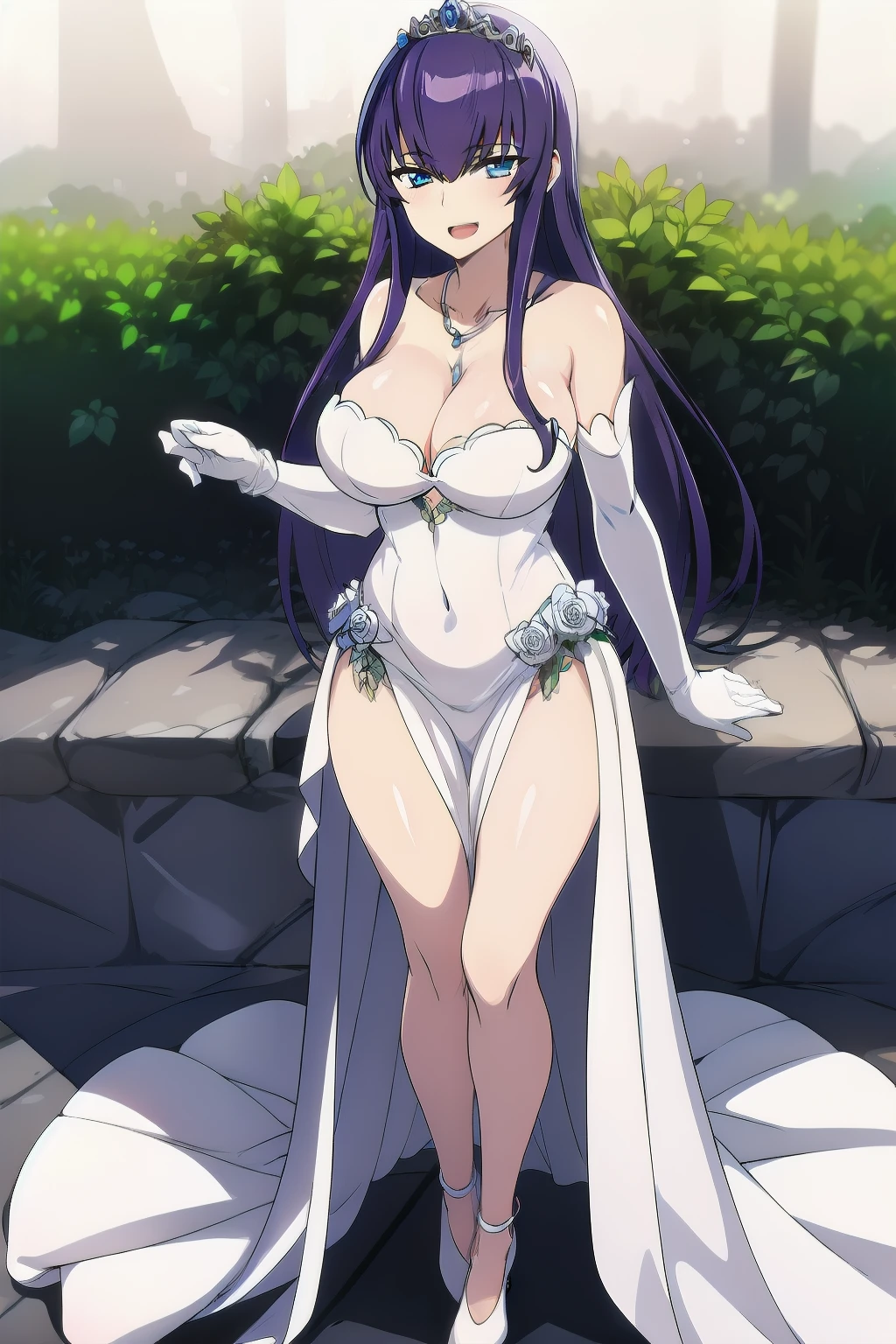 masterpiece, mommy, best quality, highres, aarurutie,1girl, wedding dress, white dress,tiara, bridal veil, necklace, cleavage, strapless dress, white dress, white gloves, elbow gloves standing, garden, smile, open mouth, long purple hair, curly hair, blue eyes, full body shot