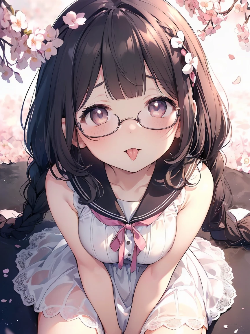 Very detailed, highest quality, High resolution, Moe Anime, ((A cute elementary school girl with black hair and droopy eyes)), ((Wearing large round glasses:1.4)), (Baby Face), Cute eyes, Detailed eye depiction, Sparkle in the eyes, View your viewers, Pale skin, (Big eyes:1.4, Droopy eyes:1.4, Fatty face:1.4), smile, Focus on the face, In the park with cherry blossoms falling, Sitting, (Extreme close up of tongue), (((From above))), Open your mouth, (((Face only:1.3))), ((white lace sleeveless dress)), Bright Eyes, Light from the front, (Put your hands between your legs:1.4), large and long tongue, Cleavage, Braided hairstyle, Pink ribbon