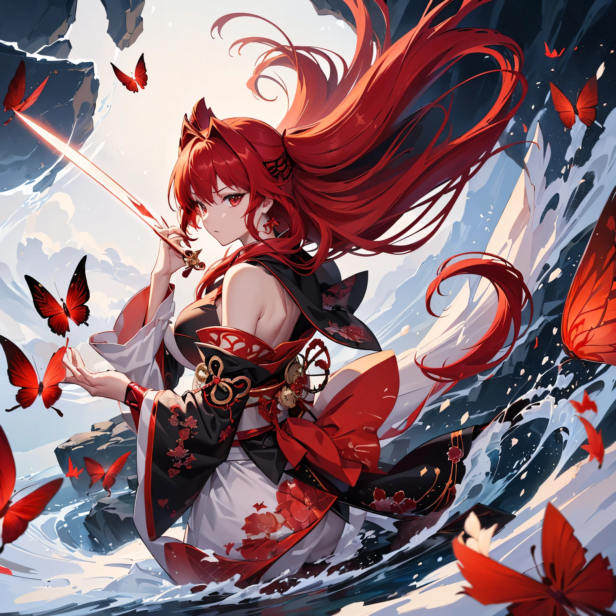 ((high resolution　Red Hair　Long Hair　Black kimono　Red band　Goddess of victory　one person　Lonely　sorrow))　((Red butterfly　night　Japanese style　Shoulder　old　Shining Aura　rain))　(Dance　Blade of Darkness　Magic Sword　Swing down　Slashing)　moon　star　Draw your sword　Slashing　Catch the wind　fall