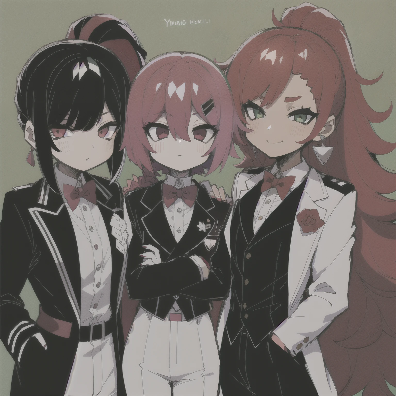 3 girls, 3 persons, 3; Young woman, Red hair, black suit; Young woman, Pink hair, white suit; Young woman, black hair, black suit; green background
