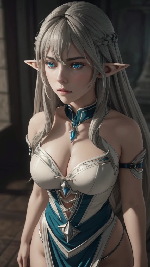 masterpiece, Ultra realistic, 16k, high quality, incredibly detailed, dream aesthetic, dream atmosphere, cinematic, work of art, (sharp focus: 1.5), (photorealistic: 1.3), featured (Beautiful elf Girl), pretty silver-haired elf-girl (charming seductress). cinematic, detailed, 16k sharp focus, realistic. Gorgeous. Seductive (pretty). Natural pale-silver hair (realistic texture), illuminated silky volumous hair, detailed hair (realistic), natural. gorgeous detailed face (charming seductress). flushed cheekbones (Rosy cheeks), tanned skin , (white skin) alabaster skin that seems to glow ethereally. Her attire is goth. Voluptuous form. Turquoise blue eyes (intense eyes look). A symmetrical face ::2 goth clothes + trending on artstation + fantasy art + realistic cloth + fractals in the background, flowing hair --aspect 9:21 --uplight his otherworldly beauty. realistic skin texture, pale-white skin illuminated. realistic perfect shading. absurdres, realistic textures. solo, alone, 1girl. looking at viewer. female muscular body, toned body, defined muscles. Large natural breasts, cleavage. pantyhose, gothic (white/dark-blue) alternative dress (realistic textures). In Different positions at different angles. Day background. unbelievably real, best quality, Photorealistic.