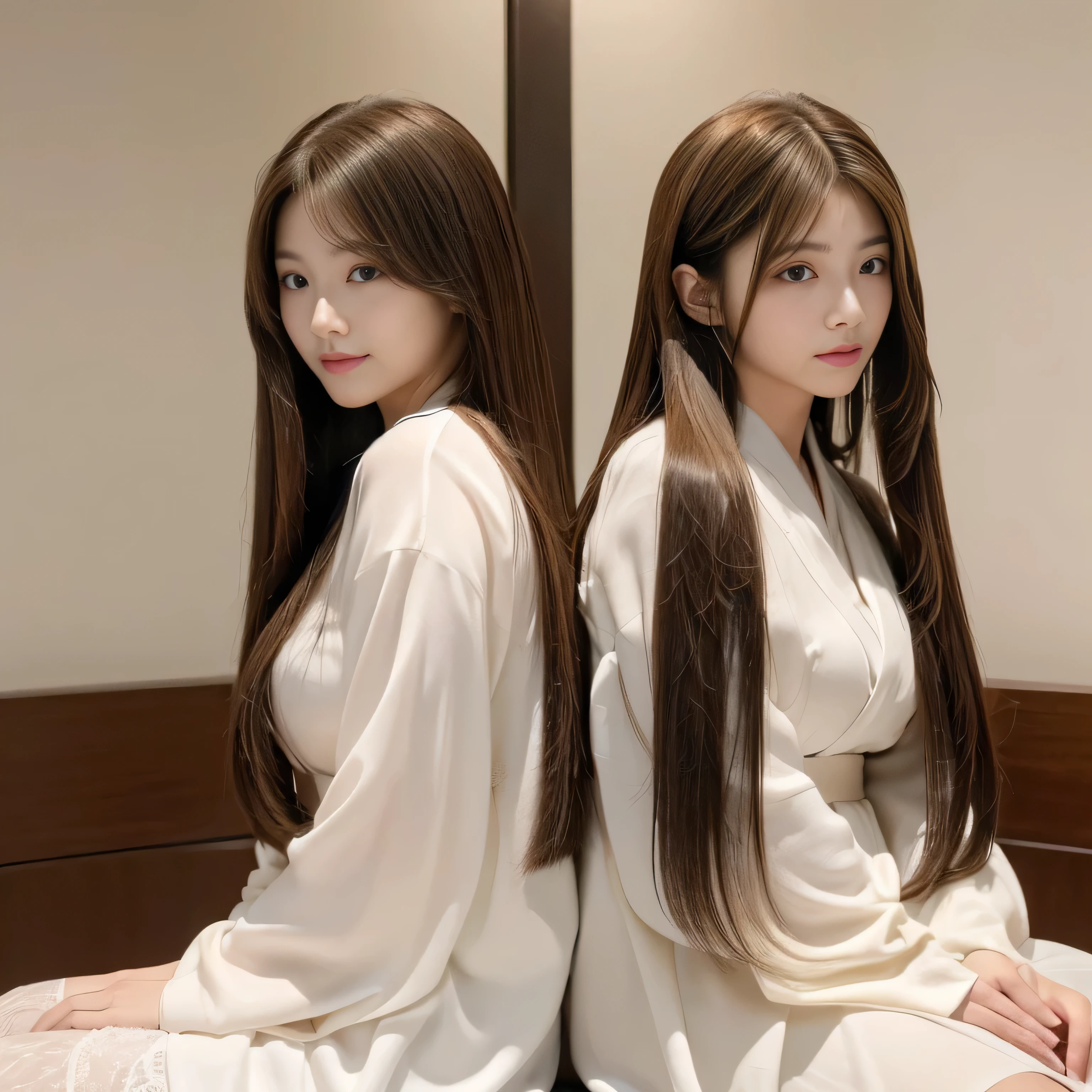 (Two identical twin hair models embracing each other in the same space, Close your eyes and kiss me)　((Two people kissing at the same time:2.0 Photographed from the chest up))　(The two are identical clones, Wear the same clothes, Temporarily stop, Hairstyle, exterior.:1.5)　((Random poses showing as much back and hair as possible:1.3))　((Beautiful 24 year old hair model with long black hair, girl with super Very long hair that reaches down to the ankles, extremely Very long hair that reaches down to the ankles, Very long hair that reaches down to the ankles,Very long hair that reaches down to the ankles , Flowing Hair, very Very long hair that reaches down to the ankles, Very long hair that reaches down to the anklesgirl,Very long hair that reaches down to the ankles , flowing light brown hair, length Hair windy, Very long light brown hair, flowing light brown hair,Incredibly straight long-lasting hair, Abnormally long髪!!!!　Her highest quality!!!! hair is long and straight., very long light brown hair that reaches down to the ankles, highest quality light brown hair , , Highest quality long straightなVery long hair that reaches down to the ankles　straight, beautiful, High quality hair, Very long hair that reaches down to the ankles and highest quality straight light brown hair, straight, highest quality light brown hair, Perfect silky straight hair of the highest quality, straight, highest quality light brown hair , lengthLight brown hair straight hair, length, Thick and voluminous light brown hair　Her hair is long and straight, Very long light brown hair, Abnormally long、or extremely long light brown hair, very long, straight, Light brown hair that reaches down to her ankles, Abnormally very long straight, beautiful hair of the highest quality, length Hair, length, straight light brown hair ,Extraordinarily very long light brown hair that lasts forever and free straight light brown hair , straight light brown hair))　(Both sides bangs are perfect.:1.3)　(Japan&#39;s most sexy and beautiful 24-year-old beauty model)　(Both sides They look at the viewer with a very captivating expression...)　((highest quality)), ((masterpiece)), (Familiar)　(Get used to it)　Perfect Face　(both sidesHer skin is a typical Japanese skin color.　And very detailed)　(Both SidesBig Tits:1.3)　(both sides　She is wearing a beautiful shiny white camisole.)　(both sides　She has a beautiful face and a typical Japanese figure...., Narrow eyes)　(both sides　She has perfect beautiful and sexy makeup and face　Lipstick is light red　A solid eyeliner)　((Rich 1.4))　(Very detailed)