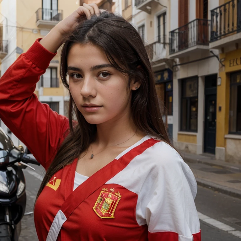 Photorealistic drawing of a young 16 year old Spanish girl named isabella, wearing her black and red with Spain national emblem on the shoulder, saluting the flag.