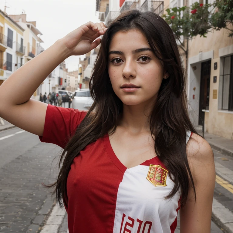 Photorealistic drawing of a young 16 year old Spanish girl named isabella, wearing her black and red  with Spain national emblem on the shoulder, saluting the flag. 