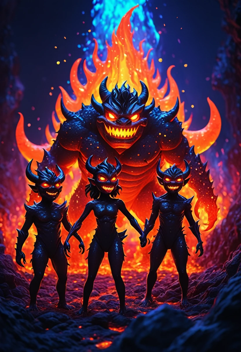 (best quality, highres, ultra-detailed:1.2), kids illustration, family demon, cute lava demon gathering in lava happy marriage party, depth of field, fun magical and fantasy, sci-fi touch, vivid colors, bokeh, (horror:0.9), (anime:1.1), (portraits:1.1), (concept artists:1.1), professional lighting, vibrant color tones, (colorful:1.2)