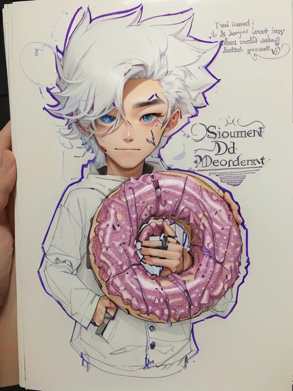 someone is drawing a guy with a donut, Shiro from Dead Man's Wonderland, Killua Zoldyck, Coringa como Naruto, katekyo hitman renascido, inspirado em Junsaku Koizumi, uma louca de cabelos prateados, high quality desenho colorido, um desenho de anime, alquimista masculino jovem e magro, portrait of hunter hisoka hunter, desenho colorido