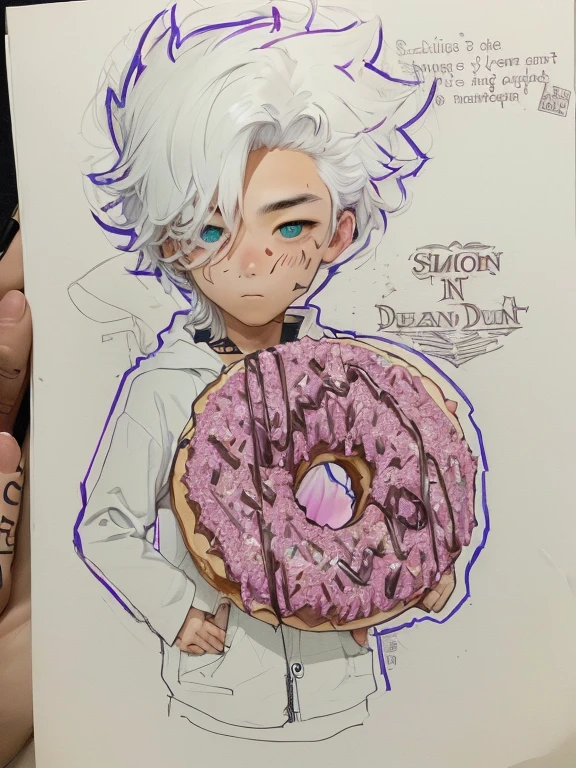 someone is drawing a guy with a donut, Shiro from Dead Man's Wonderland, Killua Zoldyck, Coringa como Naruto, katekyo hitman renascido, inspirado em Junsaku Koizumi, uma louca de cabelos prateados, high quality desenho colorido, um desenho de anime, alquimista masculino jovem e magro, portrait of hunter hisoka hunter, desenho colorido