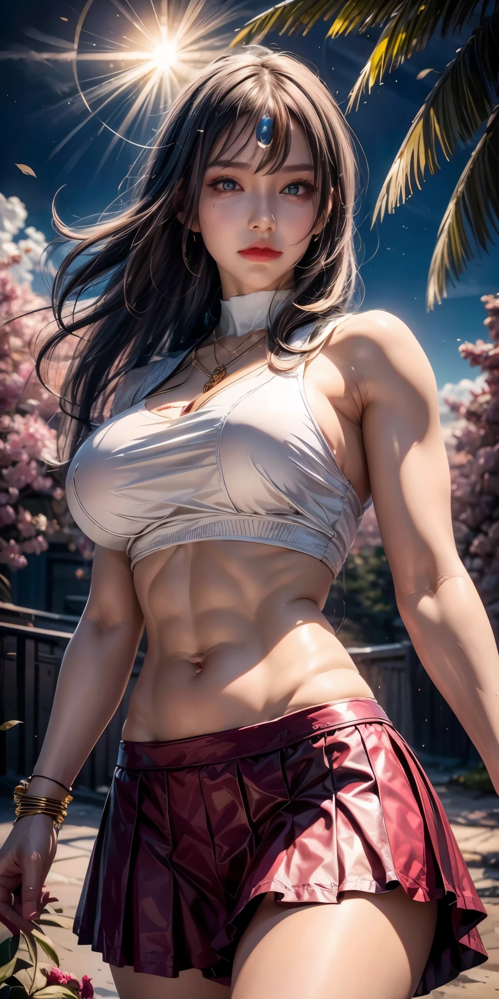 realistic, 1 women, best quality, 12k, HD, long hair, big round breasts, cleavage, ponytail, necklace, jewelry, shorts, short jacket, slim hips, hair tie, yellow eyes, black hair, super detailed, Eye details, hair details, person details, mouth details, face details, breast details, clothes details, hair details, pants details, hand details, whole body