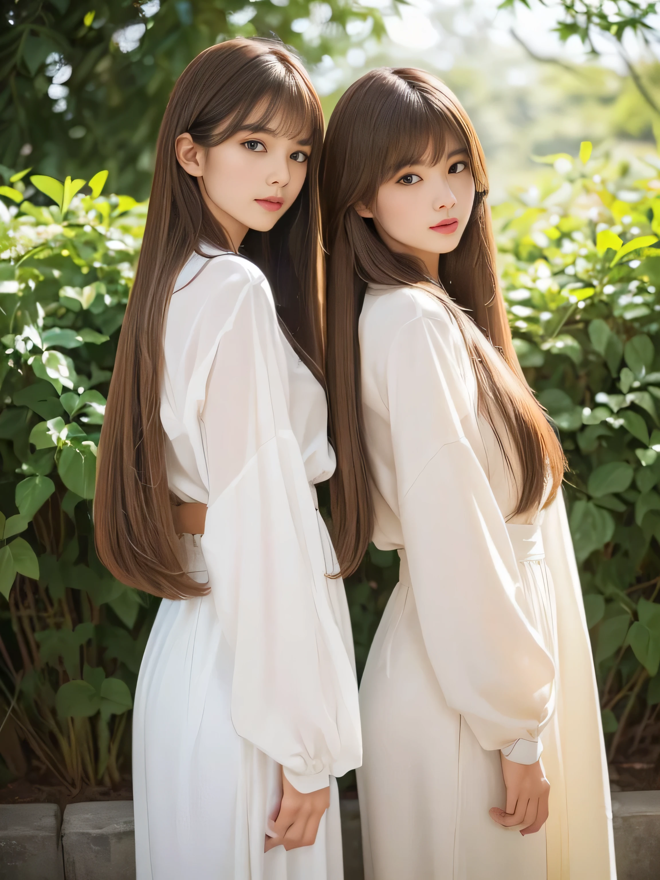(Taking the same standing pause in the same space、A full-body shot of two models with identical twin hair:1.3) (The two are identical clones, Wearing the same clothes, Pause, Hairstyle, and appearance.:1.5) ((The two of them show off their hair and backs as much as possible.)) ((Beautiful 24 year old hair model with long black hair, girl with super Very long hair that reaches down to the ankles, extremely Very long hair that reaches down to the ankles, Very long hair that reaches down to the ankles,Very long hair that reaches down to the ankles , Flowing Hair, very Very long hair that reaches down to the ankles, Very long hair that reaches down to the anklesgirl,Very long hair that reaches down to the ankles , flowing light brown hair, length Hair windy, Very long light brown hair, flowing light brown hair,Incredibly straight long-lasting hair, Abnormally long hair!!!! Her highest quality!!!! hair is long and straight., Very long light brown hair that reaches down to the ankles, highest quality light brown hair , Middle Hair, Highest quality long straightなVery long hair that reaches down to the ankles straight, beautiful, High quality hair, Very long hair that reaches down to the ankles and highest quality straight light brown hair, straight, highest quality light brown hair, Perfect silky straight hair of the highest quality, straight, highest quality light brown hair , lengthLight brown hair straight hair, length, Thick and voluminous light brown hair Her hair is long and straight, Very long light brown hair, length Middle Hair, Very long, straight, Light brown hair that reaches down to her ankles, Abnormally very long straight, beautiful hair of the highest quality, length Hair, length, straight light brown hair ,Extraordinarily very long light brown hair that lasts forever and free straight light brown hair , straight light brown hair)) (Her bangs are perfect.:1.3) (Japan's most sexy and beautiful 24-year-old beauty model) (She looks at the viewer with a very seductive expression...) ((highest quality)), ((masterpiece)), (Familiar) (Get used to it) Perfect Face (Her skin is a typical Japanese skin color. And very detailed) (Big Breasts:1.3) (She is wearing a beautiful shiny white camisole.) (She has a beautiful face and a typical Japanese figure...., Narrow eyes) (She has perfect beautiful and sexy makeup and face Lipstick is light red A solid eyeliner) ((Rich 1.4)) (Very detailed