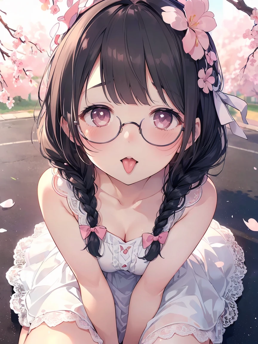 Very detailed, highest quality, High resolution, Moe Anime, ((A cute elementary school girl with black hair and droopy eyes)), ((Wearing large round glasses:1.4)), (Baby Face), Cute eyes, Detailed eye depiction, Sparkle in the eyes, View your viewers, Pale skin, (Big eyes:1.4, Droopy eyes:1.4, Fatty face:1.4), smile, Focus on the face, In the park with cherry blossoms falling, Sitting, (Extreme close up of tongue), (((From above))), Open your mouth, (((Face only:1.3))), ((white lace sleeveless dress)), Bright Eyes, Light from the front, (Put your hands between your legs:1.4), large and long tongue, Cleavage, Braided hairstyle, Pink ribbon
