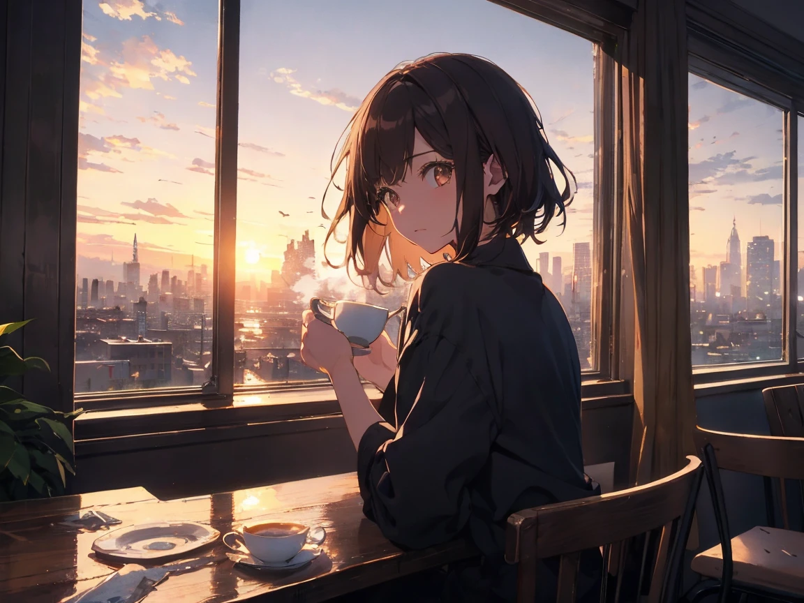 Brown Hair、Medium Hair、Anime Style、Chiaroscuro、Backlight、Wide Shot、UHD、Masterpiece、High Resolution、Created exquisite illustrations reminiscent of Makoto Shinkai&#39;s style, 非常に細かいディテールとhighest qualityを備えています. 
I will create a high-quality illustration of a beautiful girl enjoying tea while looking at the cityscape at dusk.。. The overall composition should evoke a sense of nostalgia and fantasy., 
Intricate details that capture the essence of a moment. Notice elements such as the warm glow of the setting sun casting long shadows over the city, Delicate steam rising from a teacup,
 And the calm expression of the girl looking at the view.
 The beauty of the sunset and the girl&#39;s serene thoughts blend together、Striving for a finely crafted work of art, Create a nostalgic and dreamy atmosphere. highest quality, masterpiece