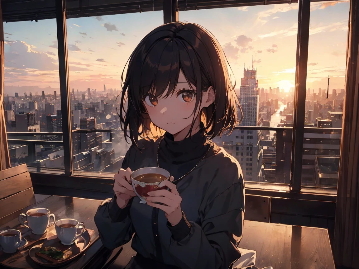 Brown Hair、Medium Hair、Anime Style、Chiaroscuro、Backlight、Wide Shot、UHD、Masterpiece、High Resolution、Created exquisite illustrations reminiscent of Makoto Shinkai's style, 非常に細かいディテールとhighest qualityを備えています.
I will create a high-quality illustration of a beautiful girl enjoying tea while looking at the cityscape at dusk.。. The overall composition should evoke a sense of nostalgia and fantasy.,
Intricate details that capture the essence of a moment. Notice elements such as the warm glow of the setting sun casting long shadows over the city, Delicate steam rising from a teacup,
And the calm expression of the girl looking at the view.
The beauty of the sunset and the girl's serene thoughts blend together、Striving for a finely crafted work of art, Create a nostalgic and dreamy atmosphere. highest quality, masterpiece