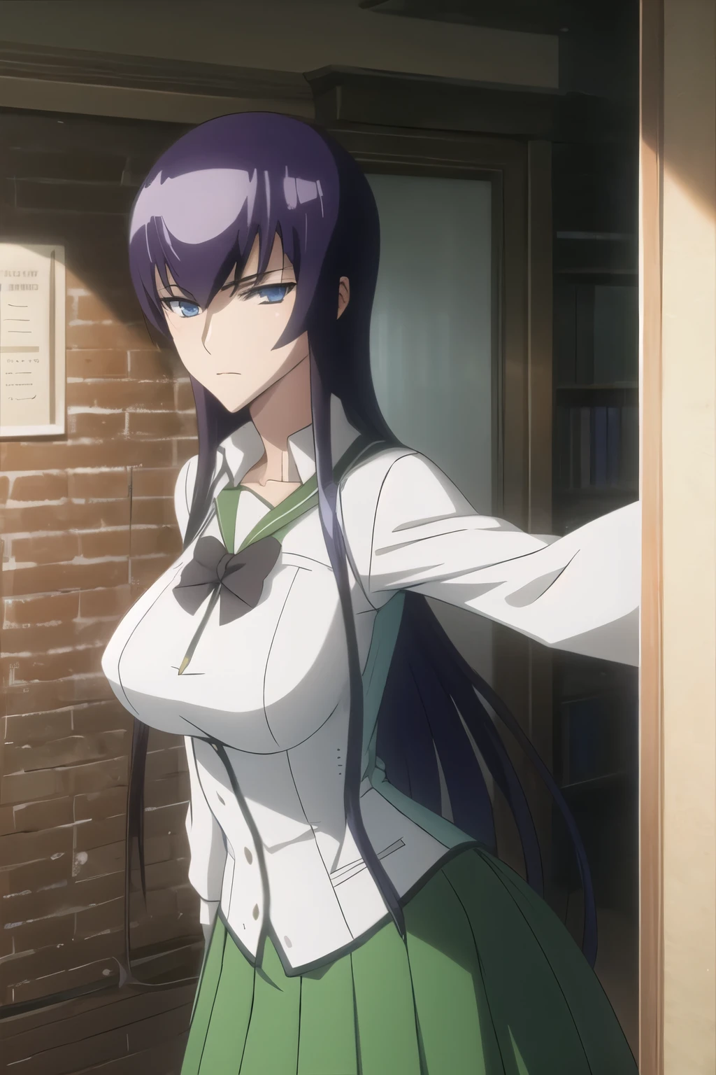 (masterpiece), (best quality), (beautiful eyes and face), (perfect female body), (shiny skin),
looking at viewer, cowboy shot,
1girl, solo, busujima saeko, purple hair, long hair, bangs, aqua eyes,
large breasts,
, white shirt, long sleeves, long skirt, green skirt,
expressionless,
standing,
school,