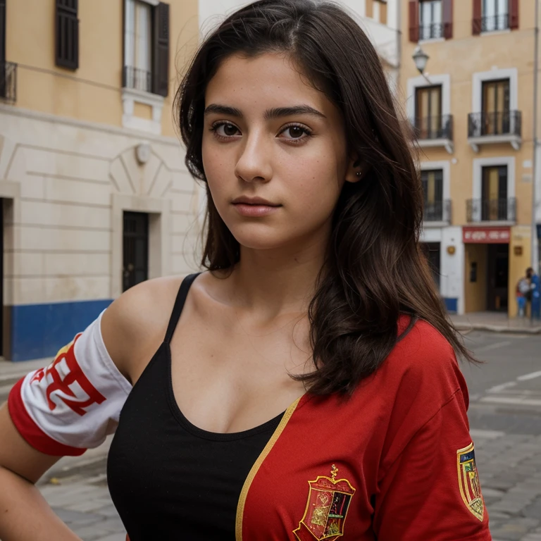 Photorealistic drawing of a young 16 year old Spanish girl named isabella, wearing her black and red  with Spain national emblem on the shoulder,  saluting the flag. 