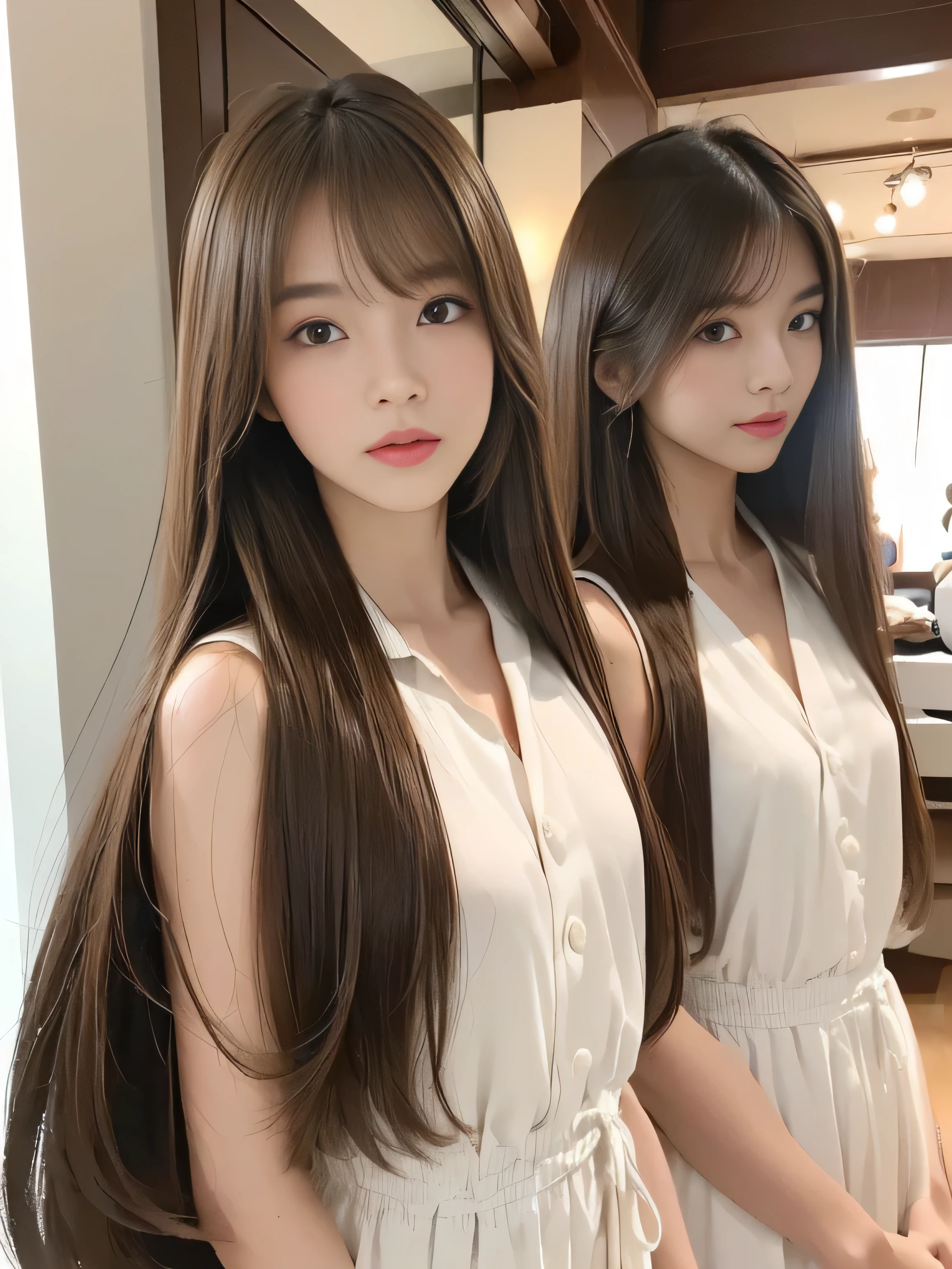 (We are on all fours in the same space and taking the same pause.、A full-body shot of two models with identical twin hair:1.3) (The two are identical clones, Wearing the same clothes, Pause, Hairstyle, and appearance.:1.5) ((The two of them try to show off as much hair as possible, Take the same four-legged pause:1.6)) ((Beautiful 24 year old hair model with long black hair, girl with super Very long hair that reaches down to the ankles, extremely Very long hair that reaches down to the ankles, Very long hair that reaches down to the ankles,Very long hair that reaches down to the ankles , Flowing Hair, very Very long hair that reaches down to the ankles, Very long hair that reaches down to the anklesgirl,Very long hair that reaches down to the ankles , flowing light brown hair, length Hair windy, Very long light brown hair, flowing light brown hair,Incredibly straight long-lasting hair, Abnormally long hair!!!! Her highest quality!!!! hair is long and straight., Very long light brown hair that reaches down to the ankles, highest quality light brown hair , Middle Hair, Highest quality long straightなVery long hair that reaches down to the ankles straight, beautiful, High quality hair, Very long hair that reaches down to the ankles and highest quality straight light brown hair, straight, highest quality light brown hair, Perfect silky straight hair of the highest quality, straight, highest quality light brown hair , lengthLight brown hair straight hair, length, Thick and voluminous light brown hair Her hair is long and straight, Very long light brown hair, length Middle Hair, Very long, straight, Light brown hair that reaches down to her ankles, Abnormally very long straight, beautiful hair of the highest quality, length Hair, length, straight light brown hair ,Extraordinarily very long light brown hair that lasts forever and free straight light brown hair , straight light brown hair)) (Her bangs are perfect.:1.3) (Japan's most sexy and beautiful 24-year-old beauty model) (She looks at the viewer with a very seductive expression...) ((highest quality)), ((masterpiece)), (Familiar) (Get used to it) Perfect Face (Her skin is a typical Japanese skin color. And very detailed) (Big Breasts:1.3) (She is wearing a beautiful shiny white camisole.) (She has a beautiful face and a typical Japanese figure...., Narrow eyes) (She has perfect beautiful and sexy makeup and face Lipstick is light red A solid eyeliner) ((Rich 1.4)) (Very detailed
