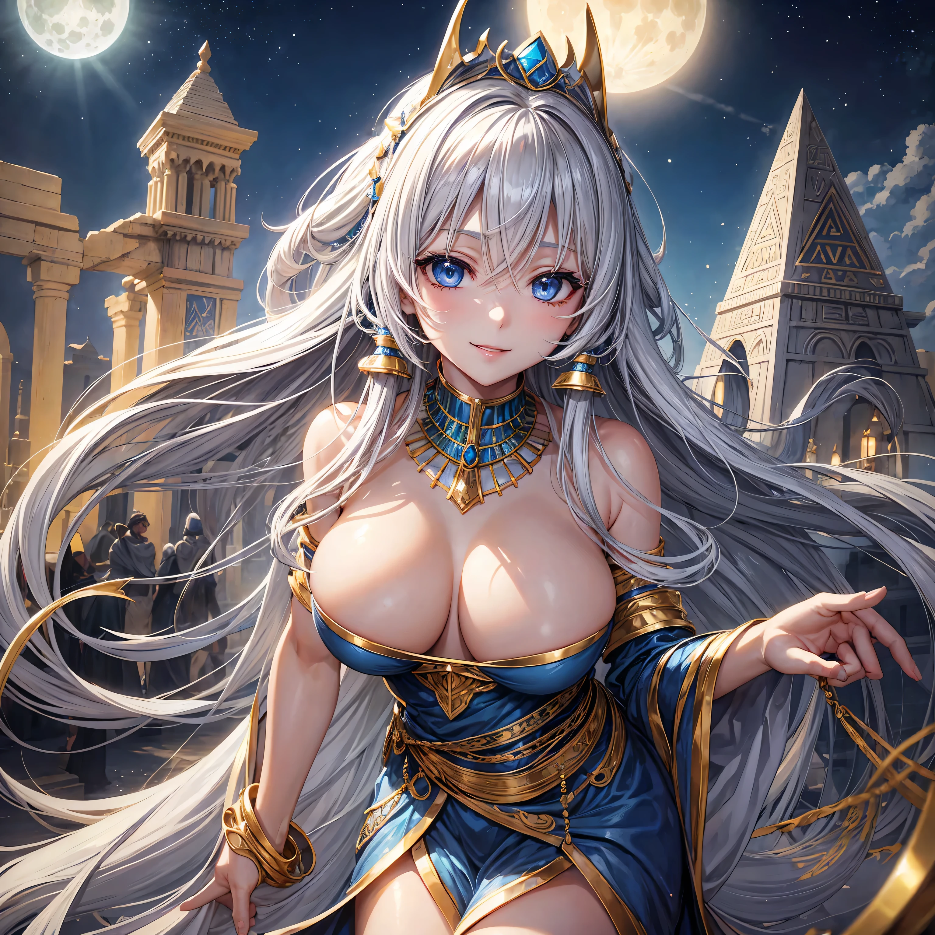 Whitening Gray Hair Long Hair blue eyes smile tiara Green Egyptian Costume beauty sexy Big Breasts mature whole Mysterious charm Charming pyramid Valet Key Beautiful breasts fortune teller Beauty under the moon dawn