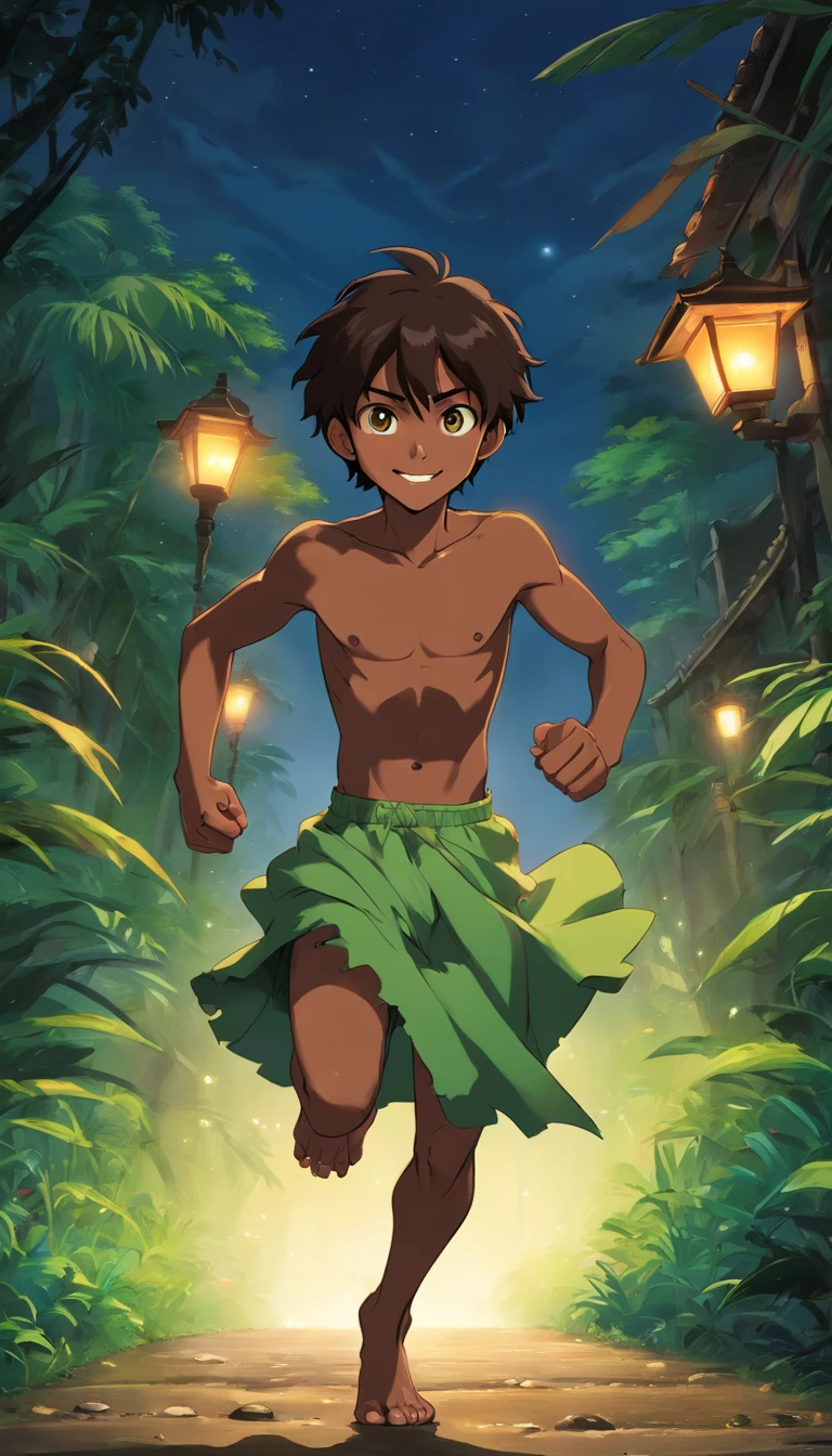 masterpiece, high quality, young boy, 12 years old, dark skin, ((long dark brown hair,))) amber eyes, smile, ripped abs, muscular arms, ripped muscles, sweating, running forward, jungle, night, shirtless, ((green skirt))