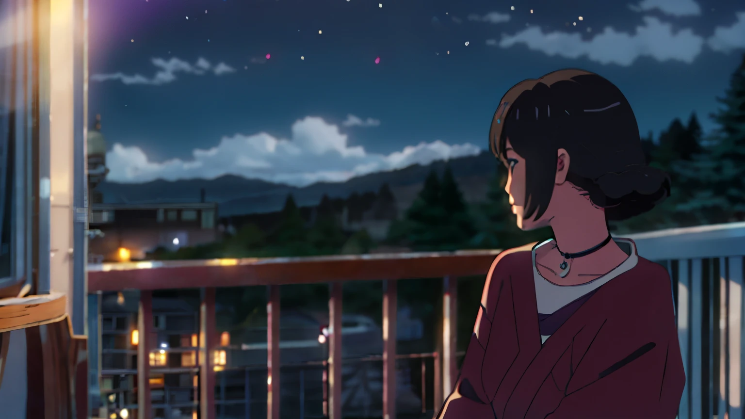 A woman looking at the night view from the balcony、Starry Sky、Night cityscape