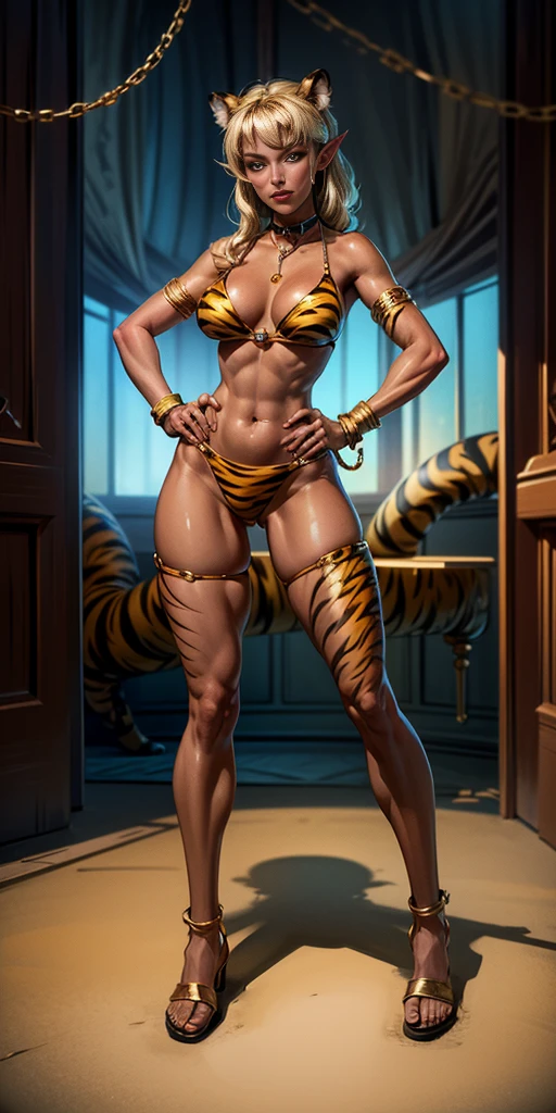 (Masterpiece, best quaility, 4k) (black gyaru darkest skin) (pointy ears) (tiger tail) (Holli Would) wearing yellowish tiger print bikini, hands on hips, full body kneeling, golden = (shackles wristbands, chains, bracers, handcuffs) leather collar choker, metal sandals, big knockers, happy closed mouth red cheeks