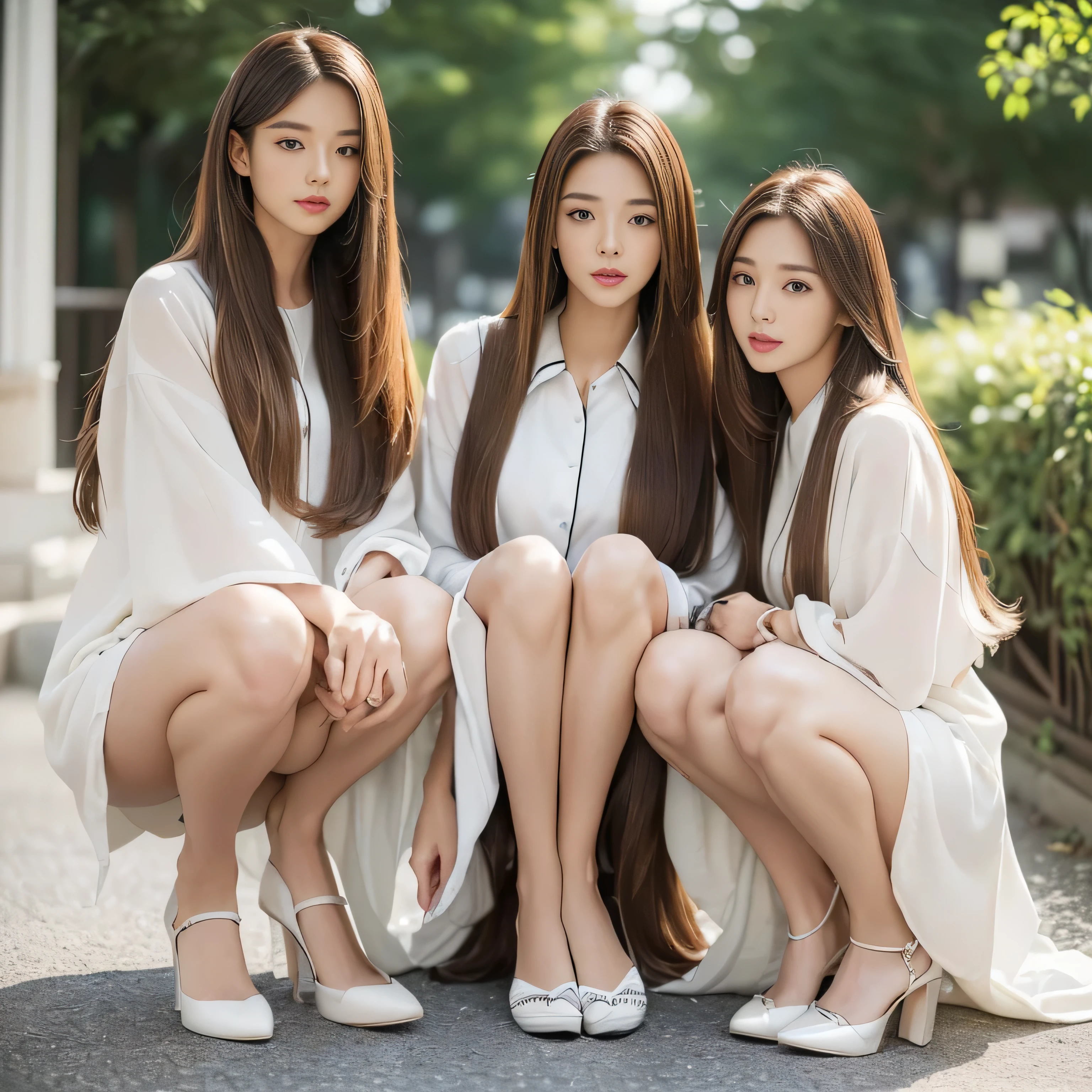 (Full body shot of three identical twins :1.3)　(Photograph three people in the same pose from the front:1.5)　(３Humans are the perfect clones:1.5, Wear the same clothes、Same pose:1.5　Physically identical except for hair color:1.5)　((Random poses to expose as much hair as possible to the viewer:1.4))　((Beautiful 24-year-old model with long brown hair, girl with super Very long hair that reaches down to the ankles, extremely Very long hair that reaches down to the ankles, Very long hair that reaches down to the ankles,Very long hair that reaches down to the ankles , Flowing Hair, very Very long hair that reaches down to the ankles, Very long hair that reaches down to the anklesgirl,Very long hair that reaches down to the ankles , flowing light brown hair, length Hair windy, very long light brown hair, flowing light brown hair,Incredibly straight long-lasting hair, Abnormally long髪!!!!　Her highest quality!!!! hair is long and straight., Very long light brown hair that reaches down to her ankles, highest quality light brown hair , Middle Hair, Highest quality long straightなVery long hair that reaches down to the ankles　straight, beautiful, High quality hair, Very long hair that reaches down to the ankles and bright brown hair highest quality straightVery long light brown hair that reaches down to her ankles, straight, highest quality light brown hair, Perfect silky straight hair of the highest quality, straight, highest quality light brown hair , lengthLight brown hair straight hair, length, Thick and voluminous light brown hair　Her hair is long and straight, very long light brown hair, length Middle Hair, Abnormally long straight light brown hair that reaches down to her ankles, Abnormally very long straight, beautiful hair of the highest quality, length Hair, length, straight light brown hair ,異常に非常に永遠に続く長い明るい茶色の髪 and free straight light brown hair , straight light brown hair))　(Her bangs are perfect.:1.3)　(Pure white wall background:1.8 Pure White Sofa)　(Japan&#39;s most sexy and beautiful 24-year-old beauty model)　(She looks at the viewer with a very seductive expression....)　((highest quality)), ((masterpiece)), (Familiar)　(Get used to it)　Perfect Face　(Her skin is a typical Japanese skin color...　And very detailed)　　(Big Breasts:1.3)　(She is wearing a beautiful shiny white camisole.)　(She has a beautiful face and a typical Japanese figure...., Narrow eyes)　(She has perfect beautiful and sexy makeup and face　Lipstick is light red　A solid eyeliner)　((Rich 1.4))　(Extremely detailed 8K)　(Ultra-fine skin texture 1.4)　(Actual, Vibrant:1.4), double eyelid　Sharp focus:1.2、Beautiful woman:1.4　Dynamic Lighting　(Genuine RAW photos taken by professional photographers)　　Professional Hair Shine.　(She has a bright and cheerful face)　　(((Very long light brown hair 1.3)))　(length, shiny light brown hair, She is Abnormally Long、or extremely long light brown hairを持っている,Abnormally long、or extremely long light brown hair , Abnormally long、or extremely long light brown hair,Abnormally long、or extremely long light brown hair , Abnormally long、or extremely long light brown hair, Silky, Abnormally long、or extremely long light brown hair , Abnormally long、or extremely long light brown hair,Flat Hair　Abnormally long、or extremely long light brown hair, Very shiny,Abnormally long、or extremely long light brown hair , Thick and shiny, abnormally long、or extremely long light brown hair　Abnormally long, voluminous skirt that reaches down to the ankles、or extremely long light brown hair　Abnormally long、or extremely long light brown hair)　(Her face is slim and dignified.., length, Narrow eyes..々Nice face)