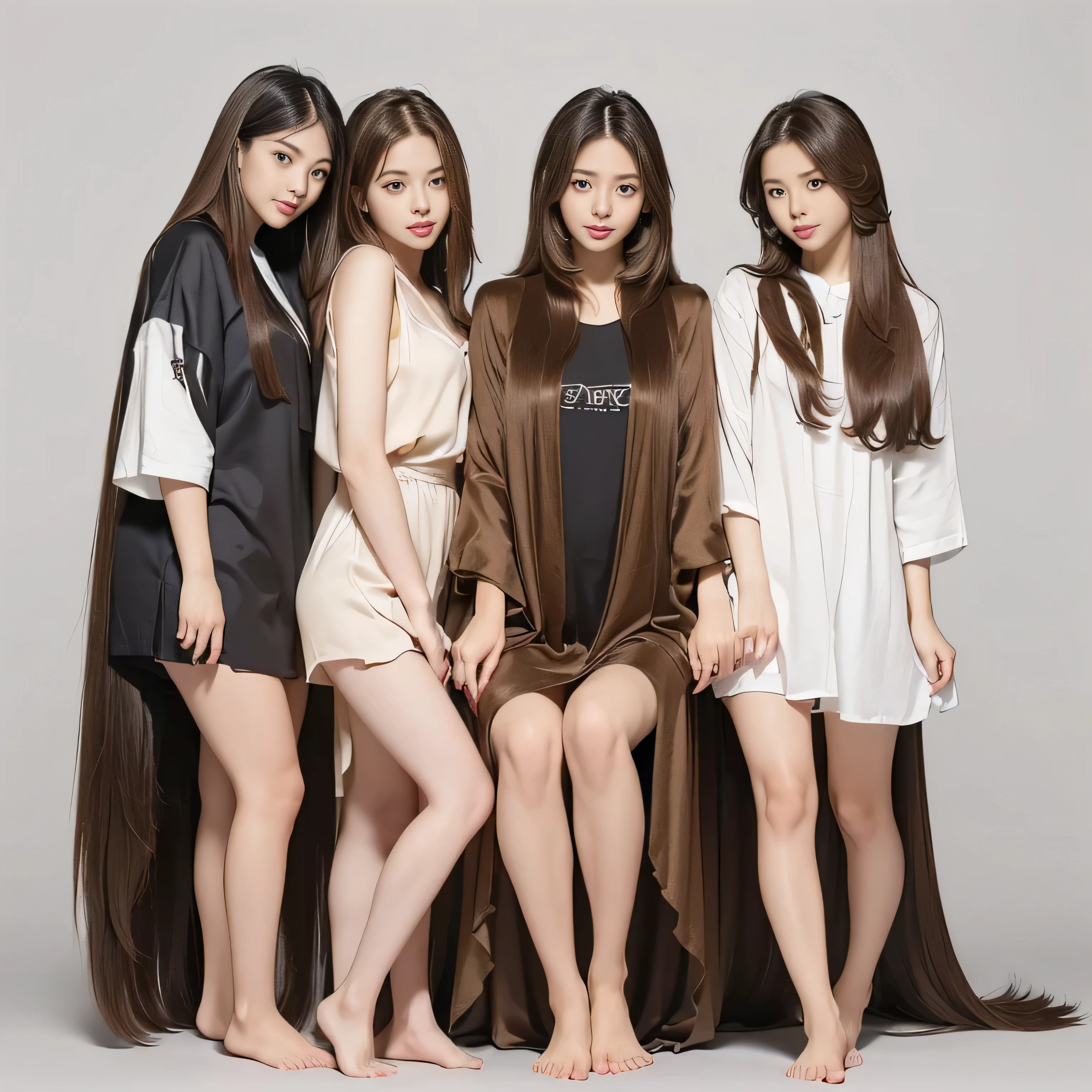 (Full body shot of three identical twins :1.3) (Photograph three people in the same pose from the front:1.5) (3Humans are the perfect clones:1.5, Wear the same clothes、Same pose:1.5 Physically identical except for hair color:1.5) ((Random poses to expose as much hair as possible to the viewer:1.4)) ((Beautiful 24-year-old model with long brown hair, girl with super Very long hair that reaches down to the ankles, extremely Very long hair that reaches down to the ankles, Very long hair that reaches down to the ankles,Very long hair that reaches down to the ankles , Flowing Hair, very Very long hair that reaches down to the ankles, Very long hair that reaches down to the anklesgirl,Very long hair that reaches down to the ankles , flowing light brown hair, length Hair windy, very long light brown hair, flowing light brown hair,Incredibly straight long-lasting hair, Abnormally long髪!!!! Her highest quality!!!! hair is long and straight., Very long light brown hair that reaches down to her ankles, highest quality light brown hair , Middle Hair, Highest quality long straightなVery long hair that reaches down to the ankles straight, beautiful, High quality hair, Very long hair that reaches down to the ankles and bright brown hair highest quality straightVery long light brown hair that reaches down to her ankles, straight, highest quality light brown hair, Perfect silky straight hair of the highest quality, straight, highest quality light brown hair , lengthLight brown hair straight hair, length, Thick and voluminous light brown hair Her hair is long and straight, very long light brown hair, length Middle Hair, Abnormally long straight light brown hair that reaches down to her ankles, Abnormally very long straight, beautiful hair of the highest quality, length Hair, length, straight light brown hair ,異常に非常に永遠に続く長い明るい茶色の髪 and free straight light brown hair , straight light brown hair)) (Her bangs are perfect.:1.3) (Pure white wall background:1.8 Pure White Sofa) (Japan's most sexy and beautiful 24-year-old beauty model) (She looks at the viewer with a very seductive expression....) ((highest quality)), ((masterpiece)), (Familiar) (Get used to it) Perfect Face (Her skin is a typical Japanese skin color... And very detailed) (Big Breasts:1.3) (She is wearing a beautiful shiny white camisole.) (She has a beautiful face and a typical Japanese figure...., Narrow eyes) (She has perfect beautiful and sexy makeup and face Lipstick is light red A solid eyeliner) ((Rich 1.4)) (Extremely detailed 8K) (Ultra-fine skin texture 1.4) (Actual, Vibrant:1.4), double eyelid Sharp focus:1.2、Beautiful woman:1.4 Dynamic Lighting (Genuine RAW photos taken by professional photographers) Professional Hair Shine. (She has a bright and cheerful face) (((Very long light brown hair 1.3))) (length, shiny light brown hair, She is Abnormally Long、or extremely long light brown hairを持っている,Abnormally long、or extremely long light brown hair , Abnormally long、or extremely long light brown hair,Abnormally long、or extremely long light brown hair , Abnormally long、or extremely long light brown hair, Silky, Abnormally long、or extremely long light brown hair , Abnormally long、or extremely long light brown hair,Flat Hair Abnormally long、or extremely long light brown hair, Very shiny,Abnormally long、or extremely long light brown hair , Thick and shiny, abnormally long、or extremely long light brown hair Abnormally long, voluminous skirt that reaches down to the ankles、or extremely long light brown hair Abnormally long、or extremely long light brown hair) (Her face is slim and dignified.., length, Narrow eyes..々Nice face)