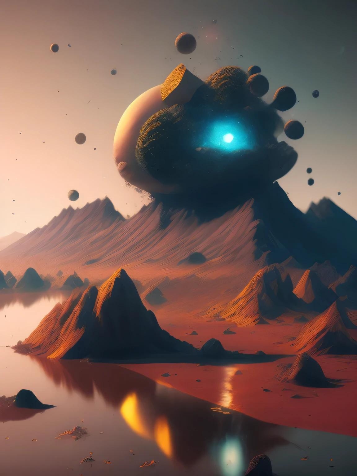 a gem filled flat world, planets, octane render, surreal