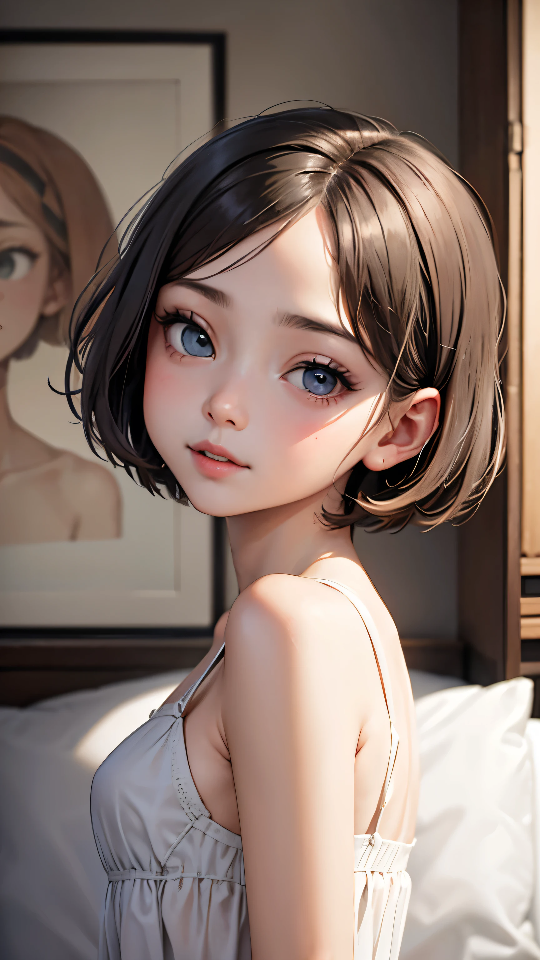 short hairと白のシャツ, short hair, Short hair with bangs, Woman with pretty face, Cute little face in a portrait, French Bob, White skin!!, Short brown hair and big eyes, Soft Portrait Shot 8k, Beautiful light、Big eyes, Beautiful girl, Young girl with bob cut, Best image quality, Tabletop, Leonardo da Vinci's Notebooks Da Vinci, Leonardo da Vinci's manuscript in the background,Swimwear,