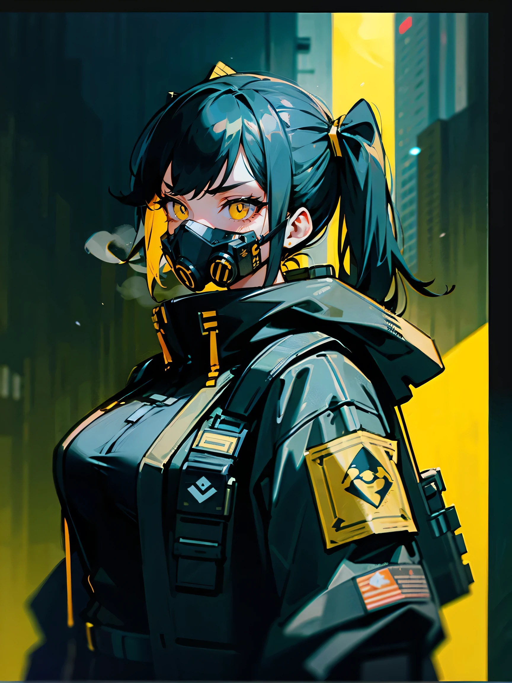 1female, adult, busty, black hair, pig tails, gold eyes, respirator mask, black techwear clothing, hoodie, futuristic city, serious expression, backpack,