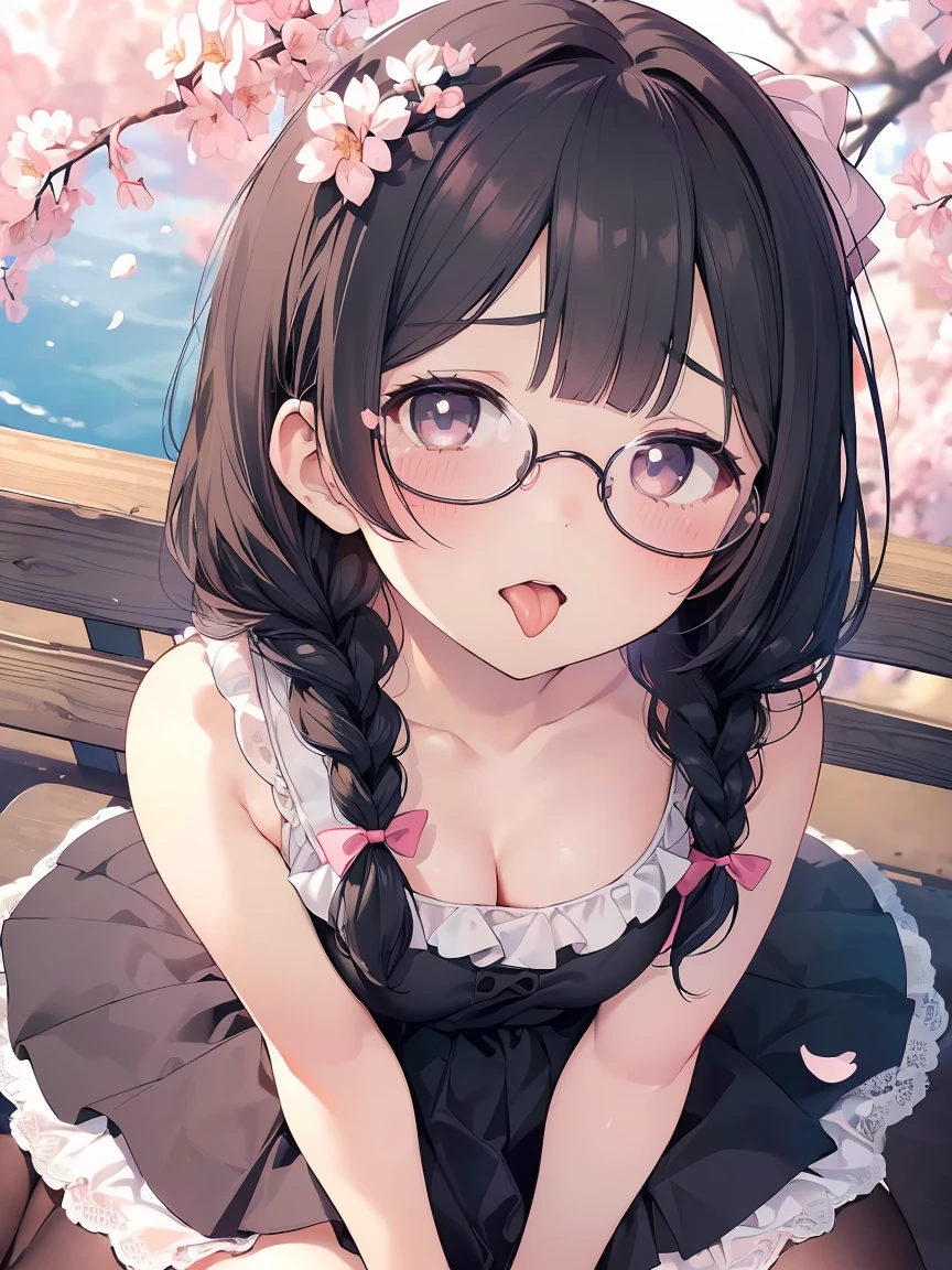 Very detailed, highest quality, High resolution, Moe Anime, ((A cute elementary school girl with black hair and droopy eyes)), ((Wearing large round glasses:1.4)), (Baby Face), Cute eyes, Detailed eye depiction, Sparkle in the eyes, View your viewers, Pale skin, (Big eyes:1.4, Droopy eyes:1.4, Fatty face:1.4), smile, Focus on the face, In the park with cherry blossoms falling, Sitting, (Extreme close up of tongue), (((From above))), Open your mouth, (((Face only:1.3))), ((white lace sleeveless dress)), Bright Eyes, Light from the front, (Put your hands between your legs:1.4), large and long tongue, Cleavage, Braided hairstyle, Pink ribbon