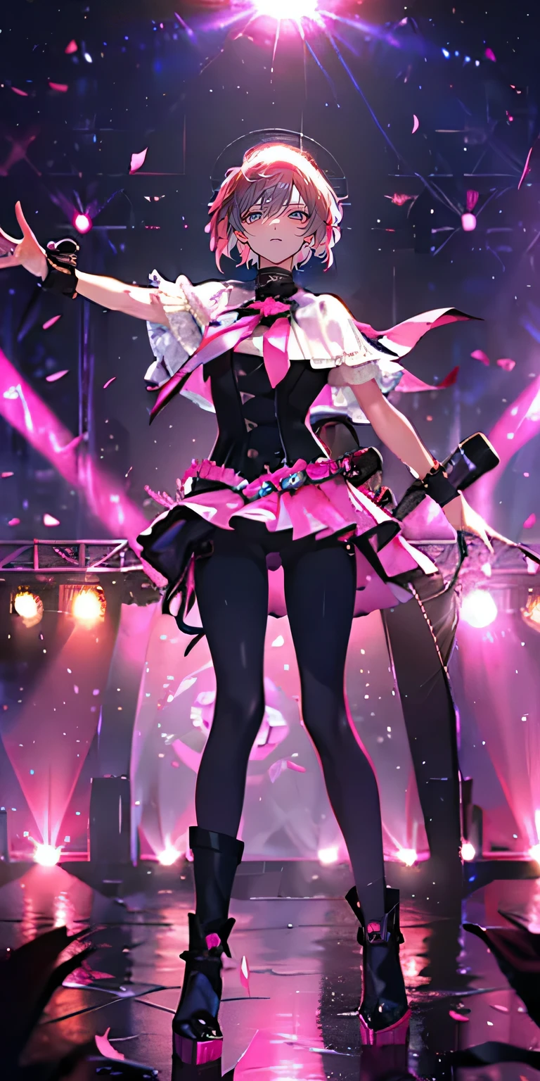 (masterpiece), (best quality), Very detailed, ((1 girl)), Perfect face, Pretty Face, Very detailedな顔,((Pink Hair_short hair_Pink Eyes:1.3)),Full body photography、Bad only idol、Gorgeous idol costumes、cape、boots、(Pants:1.2)、(Hold the microphone)、stage、Concert Dome、lots of confetti、(Smile:1.4)、(Open your mouth)、(Roll your eyes,Slobber,Sweat on the body)Sing、dance、Blink、laser light、spotlight
