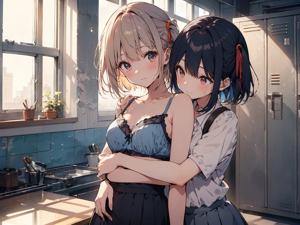 
(highest qualityのイラスト:1.2), (cute girl:1.1), (1 girl, alone:1), (2 girls、8-year-old、、、small、cute、cute、small胸、
Very detailedな目:1.2)、(Yuri、kiss、Hug from behind、grab、eyes half closed、eye contact:1.Sweat、I was embraced、blush:1.1)、 
break White Bra、ピンクのgood、Blue Bra、Green bra、Grey Bra、light Grey Bra、 Striped bra、水玉模様がgood、goodチェック柄、
cute、good、kids good、sporty、camisole、Cotton panties、School Skirt、Blake Black Hair、Blue Hair、Brown Hair、extra belly short hair、
short hair、Middle Hair、Hair length、Wavy Hair、Curly Hair、Pale pink braids、Princess Cut、Bobcut、Twin tails、低いTwin tails、
ponytail、ライトブルーのローponytail、break(locker room:1.2)、(evening、evening、Orange sunlight:1.2)、 break(highest quality、Very detailed、Very detailed and beautiful
、超A high resolution、Arm details:1.2)、Browsing Caution　Beautiful Pool
