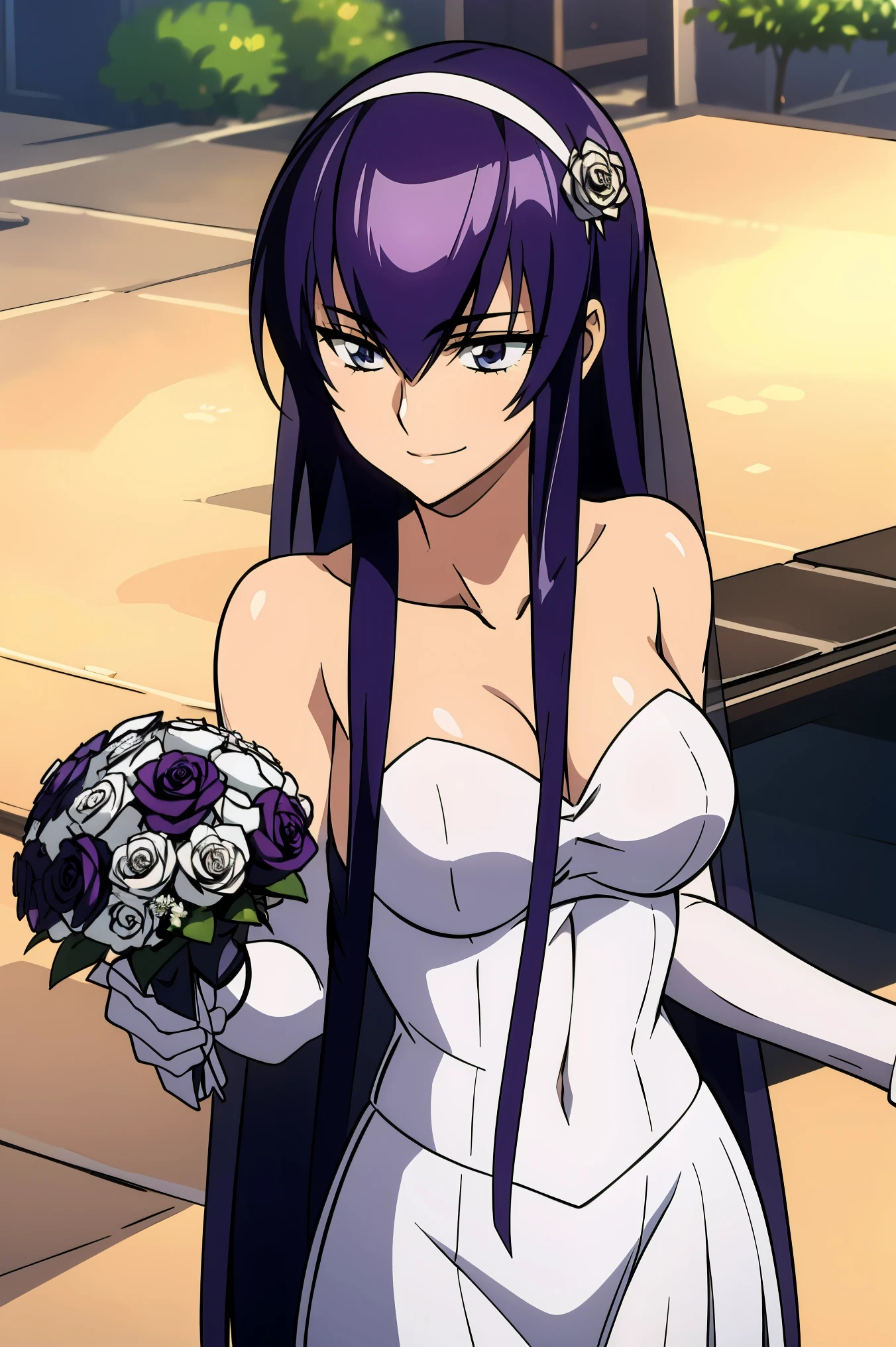 Saeko Busujima, hair between eyes, ahog, purple hair, Star \(symbol\), hair accessories, skirt, split, shoulder, clavicle, White long elbow gloves, White gloves, white skirt, white collar, Strapless, Head flower，Bouquet，veil, Strapless skirt, wedding skirt, bridal veil, beautiful woman, Perfect body, perfect, wearing a wedding skirt, ball gown, On the tree in the park, wedding decorations, warm smile, Reality, masterpiece, textured skin, Super details, high detail, high quality, best quality, 1080P, 16k