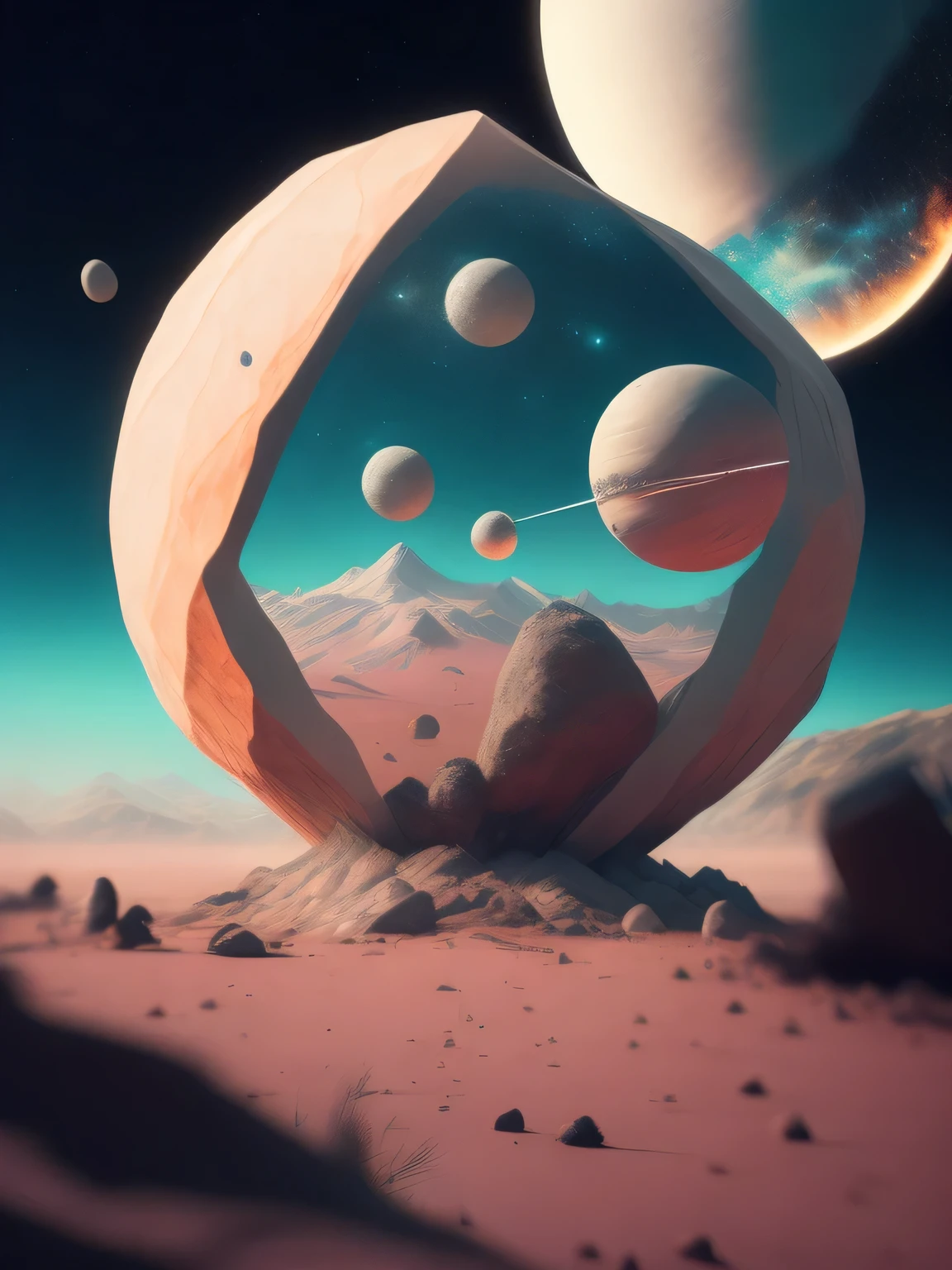 a gem filled flat world, planets, octane render, surreal