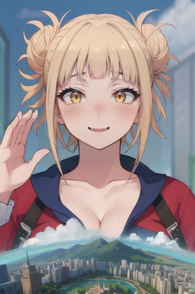 giantess, a tiny cityscape on a table below a giantess breasts and face, a giantess looming over a tiny cityscape from sky view, from below view, (simple background: 1.1), (store background: 1.2), (small petite), cleavage, (looking down), toga himiko, blonde hair, hair buns, messy hair, yellow eyes, (behind glass: 1.1),   hands against glass, (looking straight down), (cityscape from sky view on a platform: 1.3), hills, cliffs, mountains