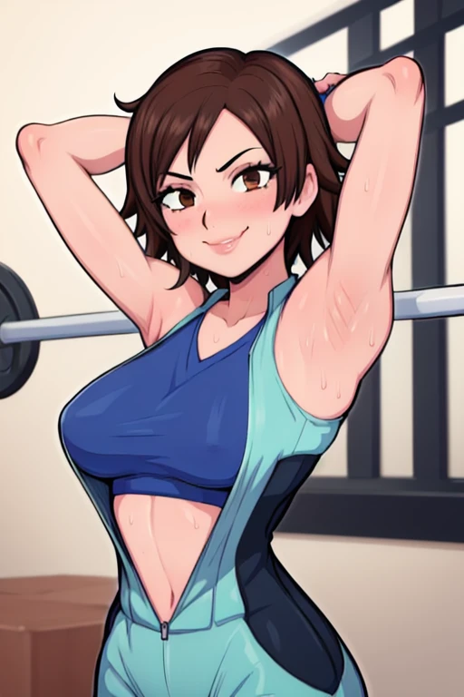 masterpiece, best quality, asuka kazama, looking at viewer, very large breasts, upper body, seductive smile,put your hands behind your head, armpits, armpits visible, sweaty armpits, backround on gym, cum on her armpit