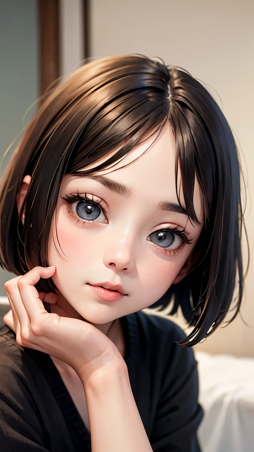 short hairと白のシャツ, short hair, 前髪のあるshort hair, Woman with pretty face, Cute little face in a portrait, French Bob, White skin!!, 短い茶色の髪とBig eyes, Soft Portrait Shot 8k, Beautiful light、Big eyes, Beautiful girl, Young girl with bob cut, Best image quality, Tabletop, Leonardo da Vinci's Notebooks Da Vinci, Leonardo da Vinci's manuscript in the background,Swimwear,