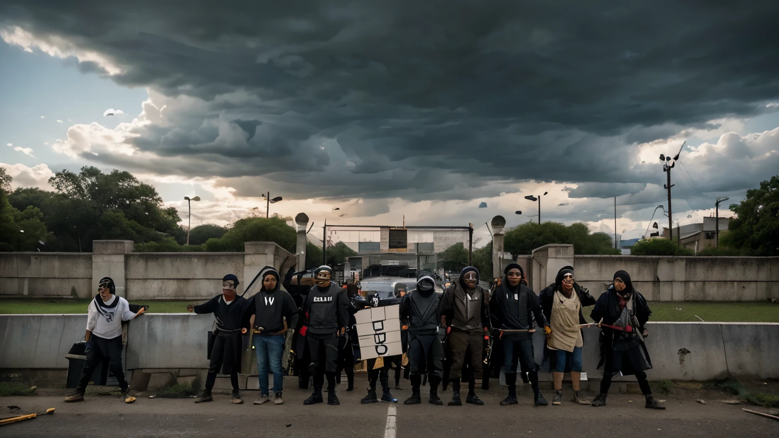 Under black clouds, a diverse group of activists work together to dismantle barricades blocking the path to progress. With each barrier removed, they move one step closer to tearing down the walls of oppression that divide them. Despite the obstacles ahead, their determination remains unshaken.