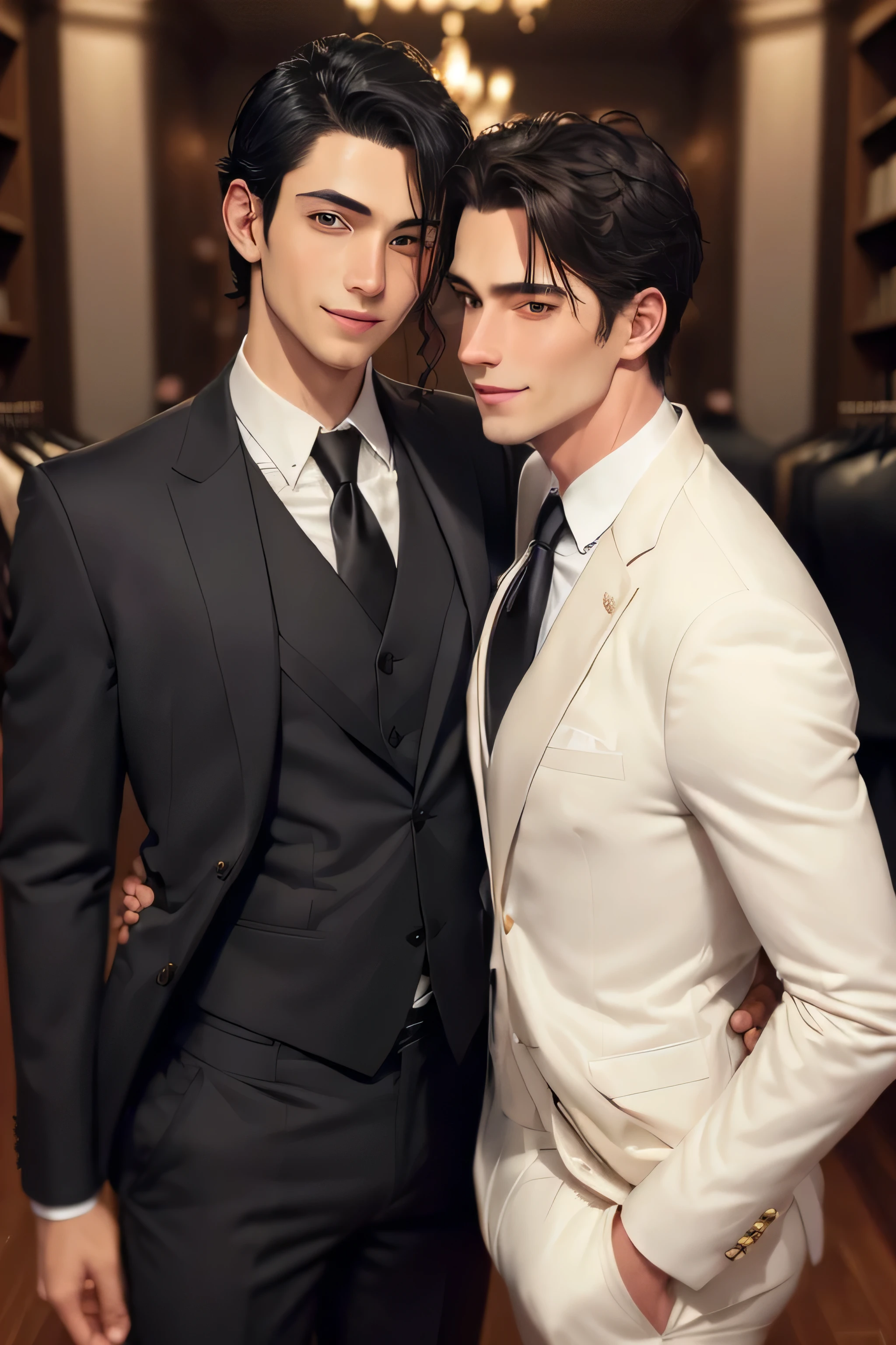 masterpiece, best quality, realistic. 2 man love each other. 1st man (male focus, mature, 1 tall muscular, handsome, suit, portrait, smile, extremely detailed face, (black hair), (short hair), (suit:1.3). 2nd man (male focus, cute, lovely, not tall, skinny, beautiful young boy, potrait, smile, extremely detailed face, short hair, (suit:1.3)). Ballroom, wine
