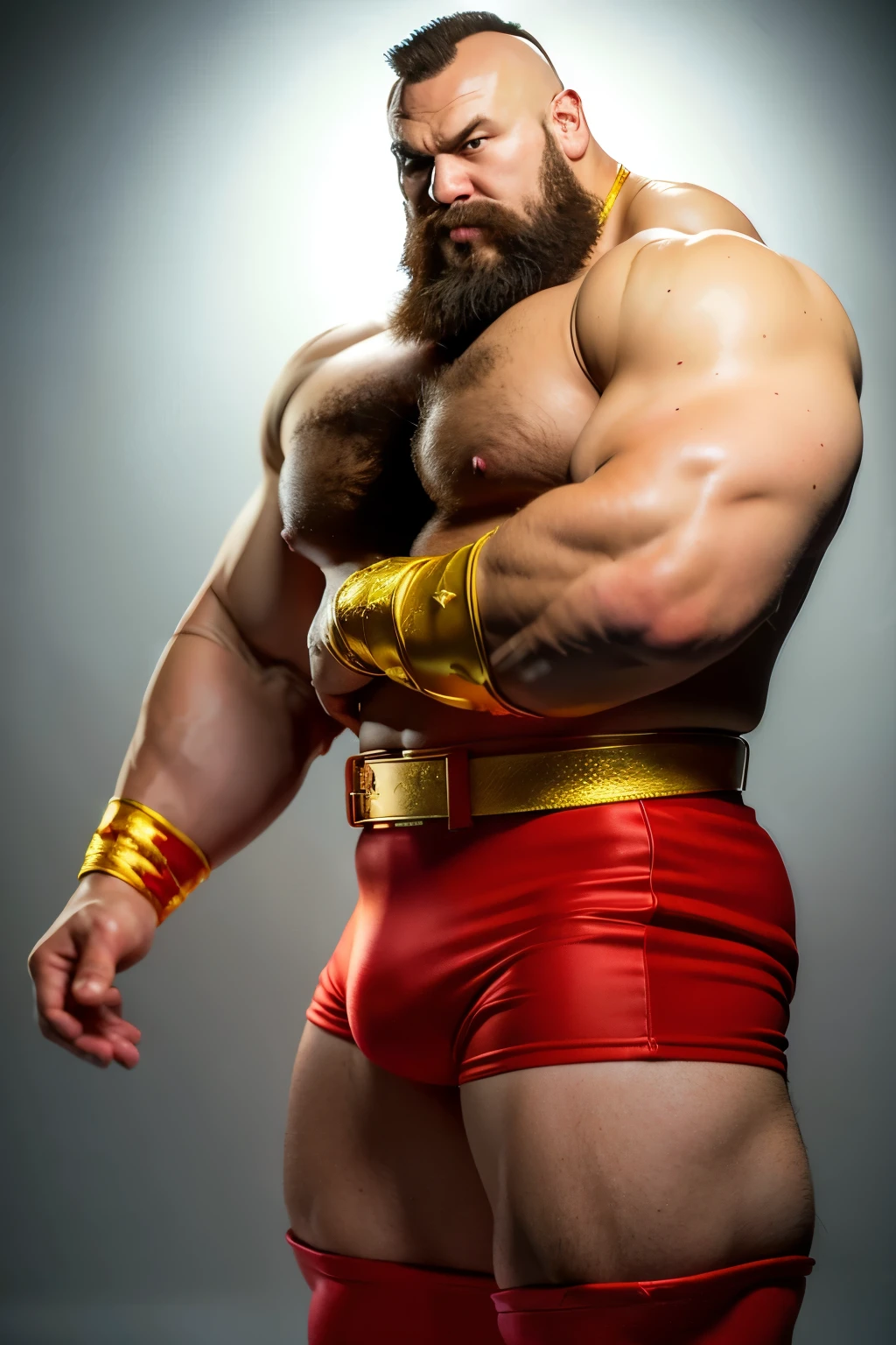 zangief,a man with a beard and a golden belt, fighting game character, street fighter 5,muscled humanoid,heavy looking,buff man,wrestler,Red briefs,capcom,street fighter,shirtless,muscular male,chest hair,visually weighty,bearded man,mohawk hair,no wristband,best quality