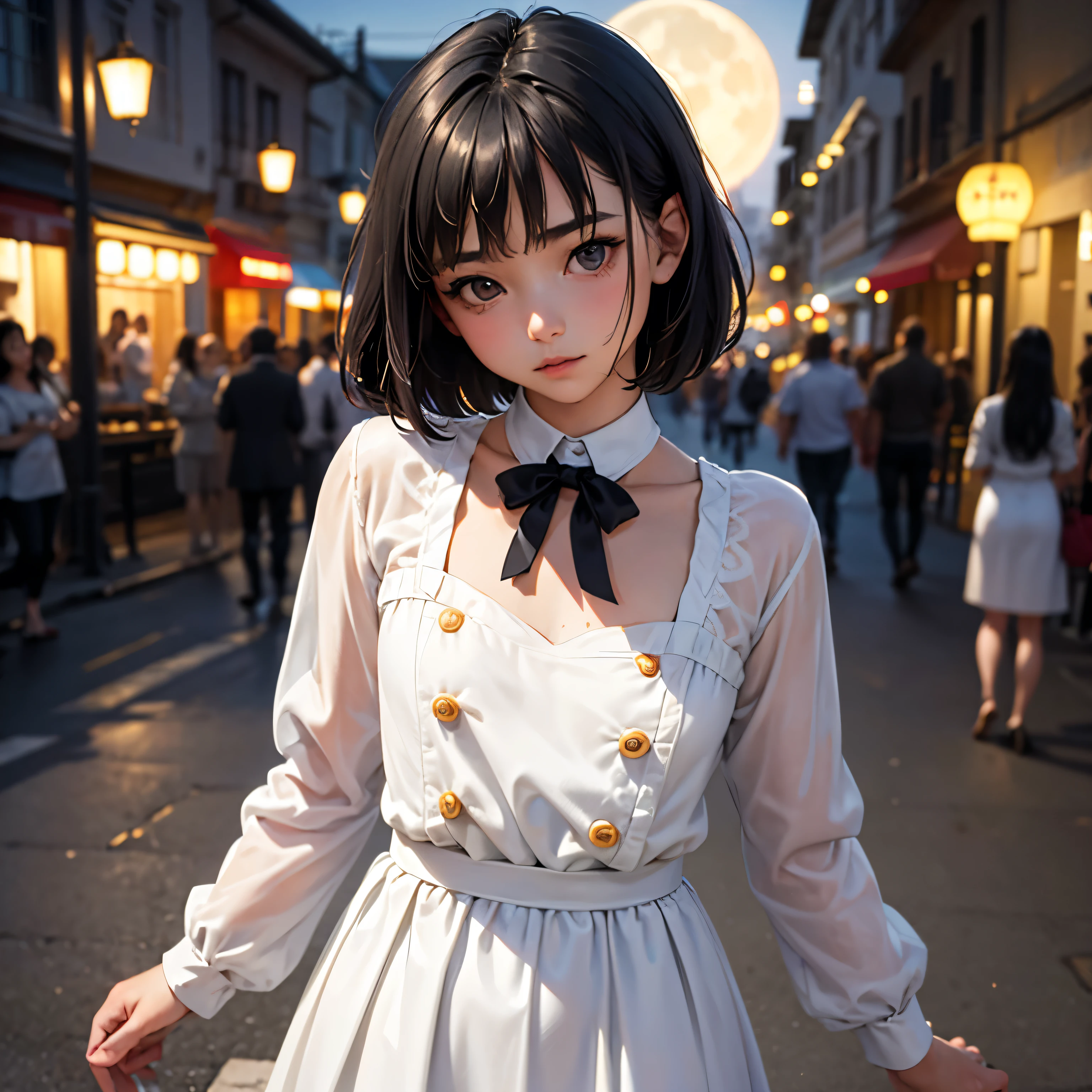 (Half Body Shot,Street lamp,moon),masterpiece, One girl, Solo Exhibitions, Beautiful small breasted woman on a busy street, Surrounded by peddlers, Beautiful Goddess Girl Portrait, Beautiful and elaborate face, Porcelain-like skin, (((Bust Shot, center, night, Black Hair, short hair)), Very soft lighting, Symmetric, complicated, grace, Attention to detail, realism, art, concept art,White clothes