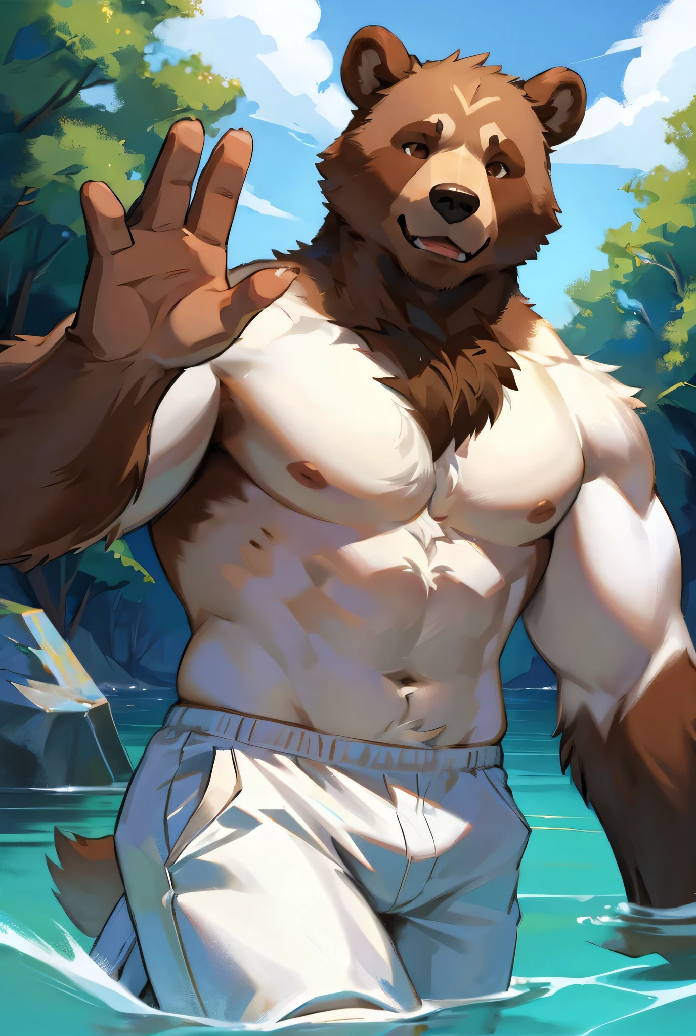 anthropomorphic brown bear, white furry chest, male, furry, , in water, sinking, raising hand, desperate, white crest, with pants