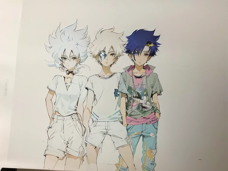 desenho de dois meninos com cabelo azul e camisa rosa, in the art style of 80s anime, estilo anime 2d, personagem de estilo anime, Estilo anime dos anos 80, estilo de arte de anime, em estilo anime, no estilo anime, estilo de anime moderno, very estilo de anime moderno, desenho estilo anime, 8 0 s estilo de arte de anime